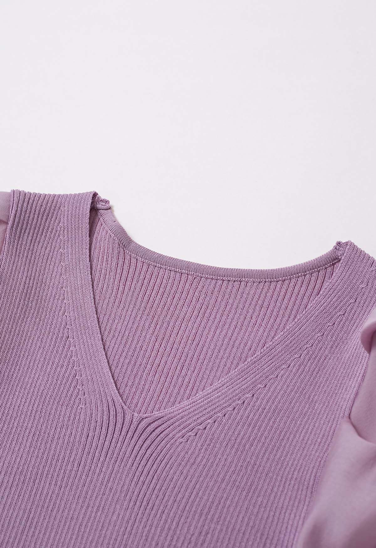 Dramatic Puff Sleeves V-Neck Spliced Knit Top in Lilac