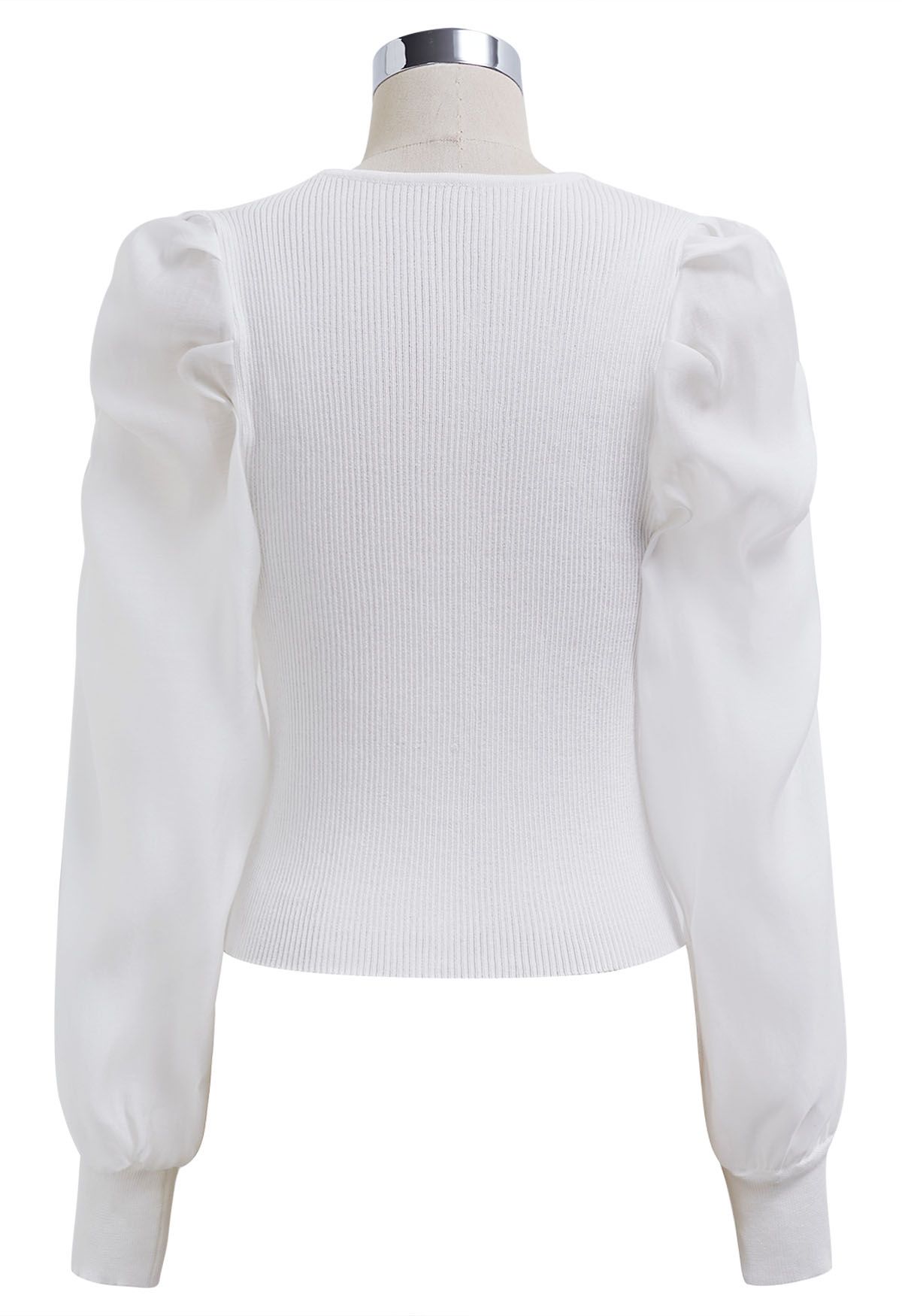 Dramatic Puff Sleeves V-Neck Spliced Knit Top in White