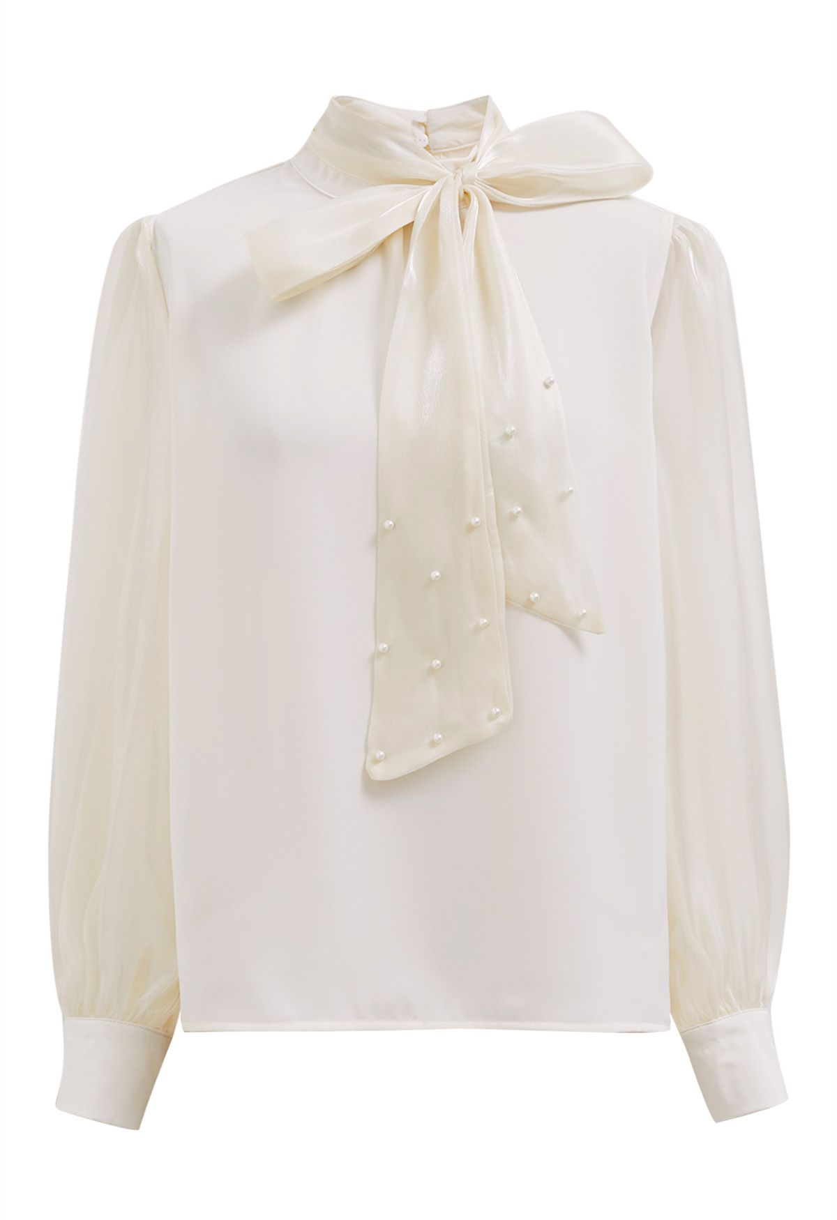 Pearly Bowknot Shiny Organza Spliced Top in Cream