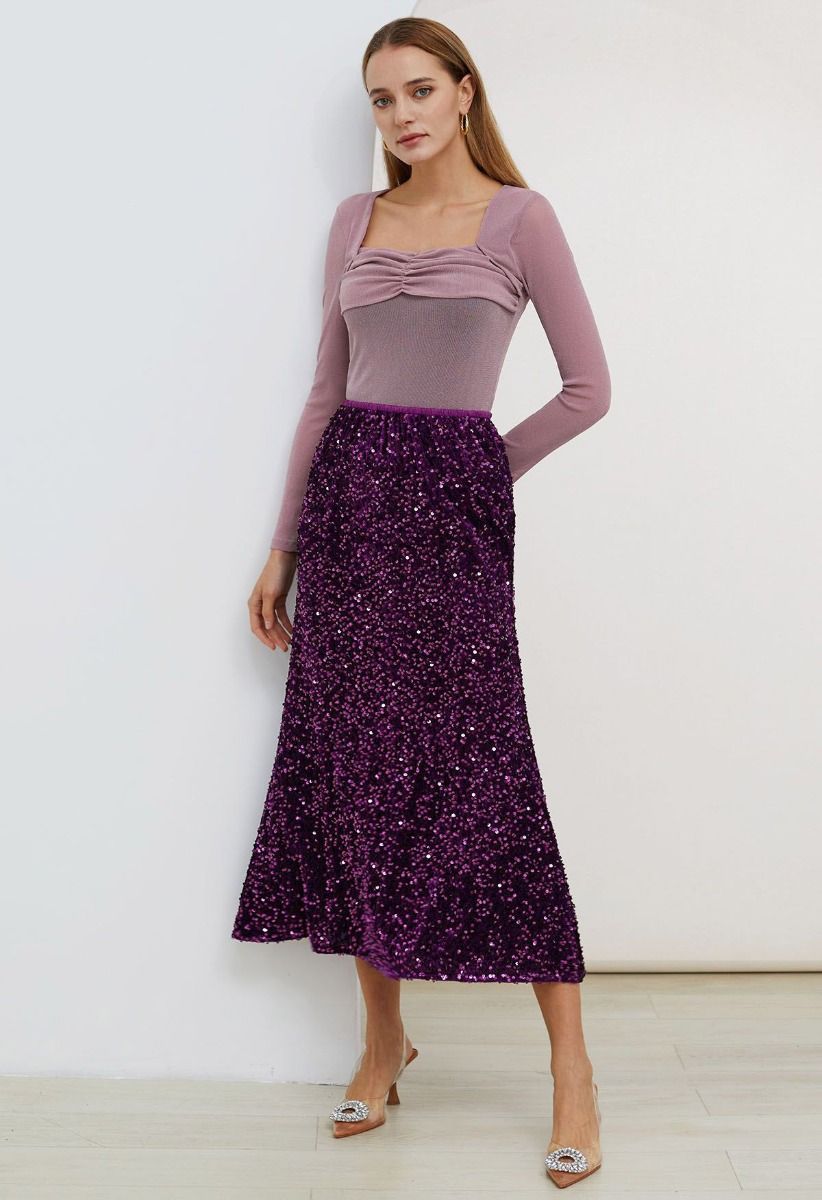 Dazzling Dream Sequin Velvet Maxi Skirt in Purple