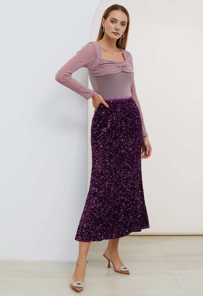 Dazzling Dream Sequin Velvet Maxi Skirt in Purple