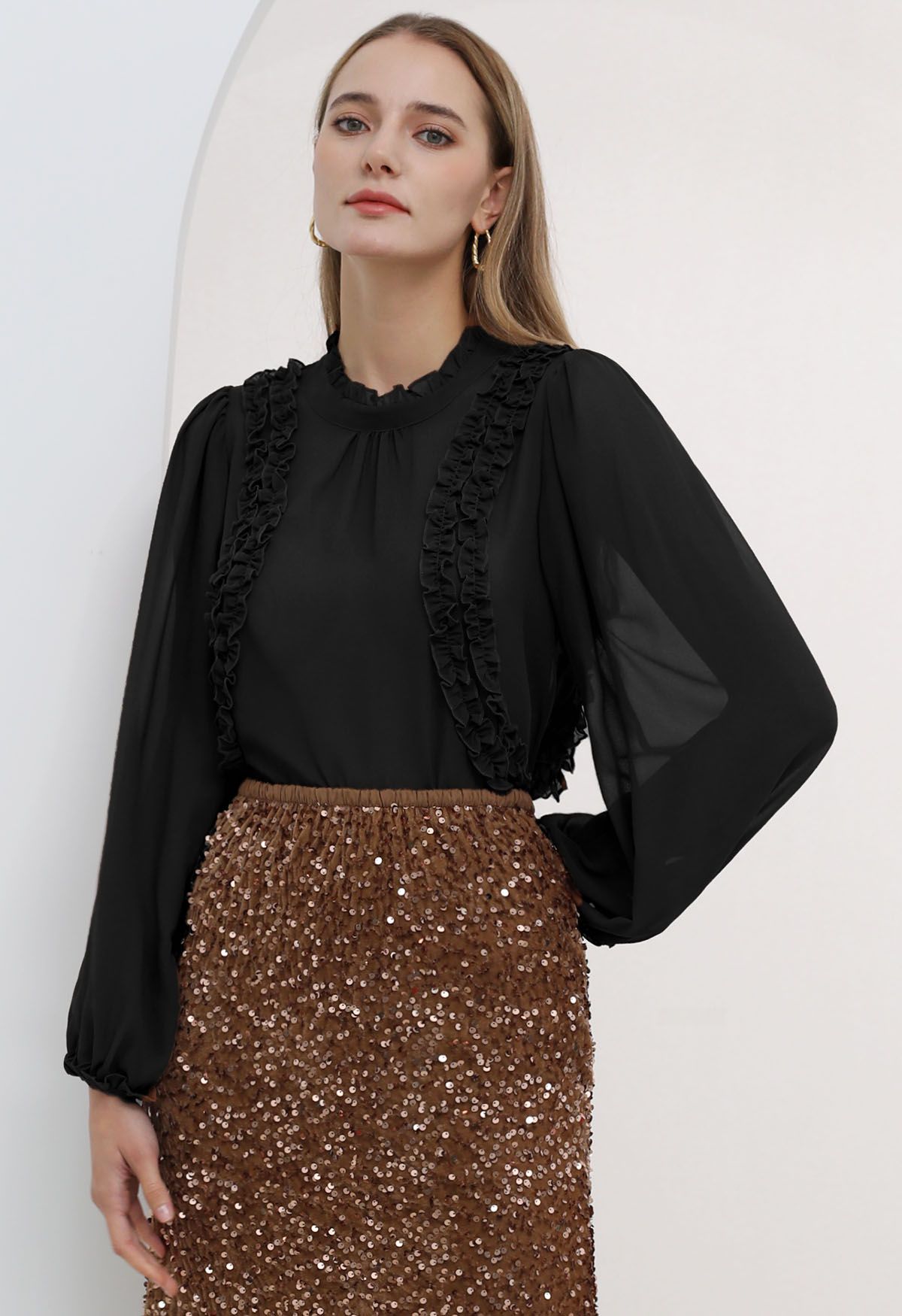 Ruffle Adorned Bubble Sleeves Chiffon Top in Black