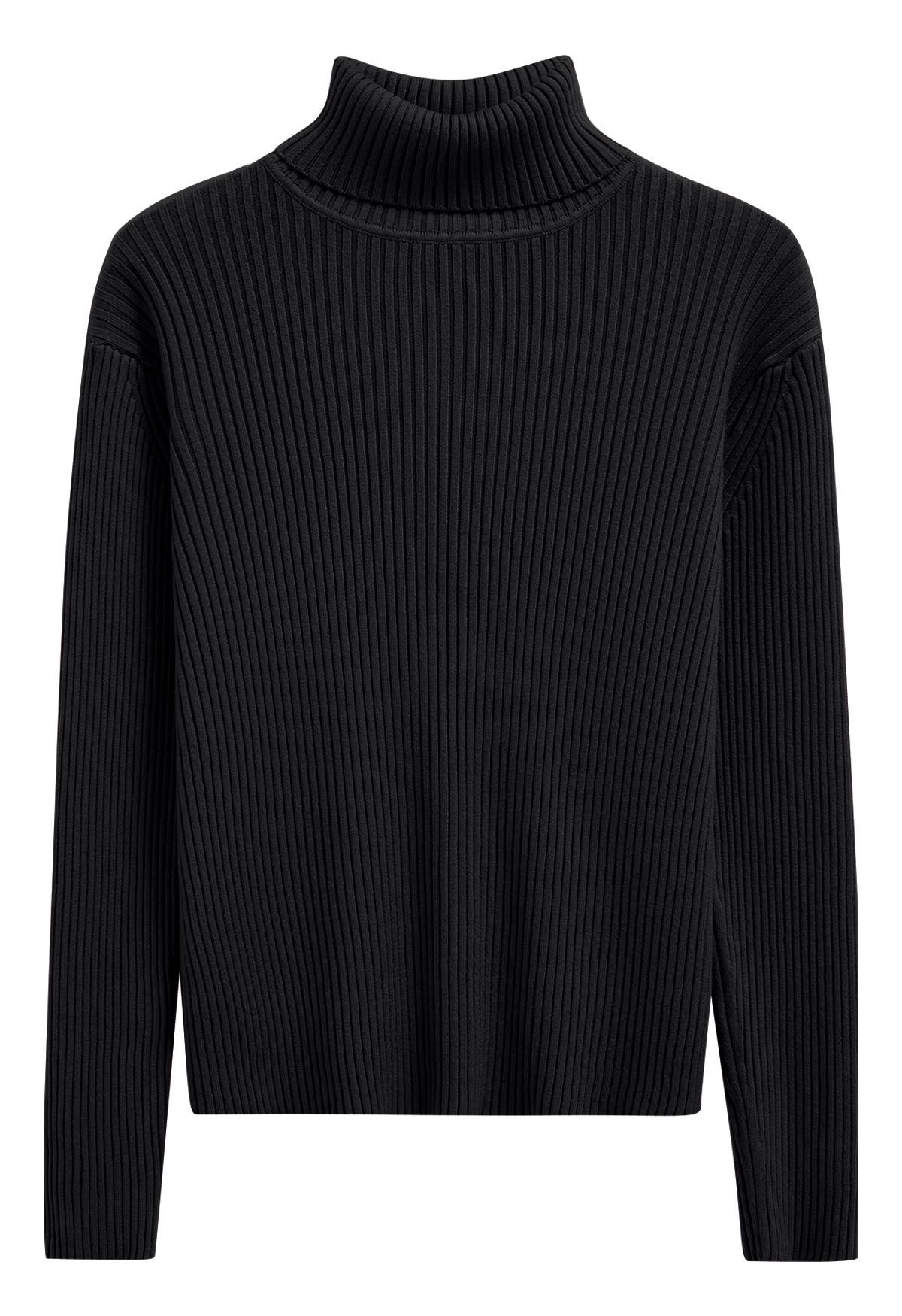 Versatile Turtleneck Ribbed Knit Sweater in Black