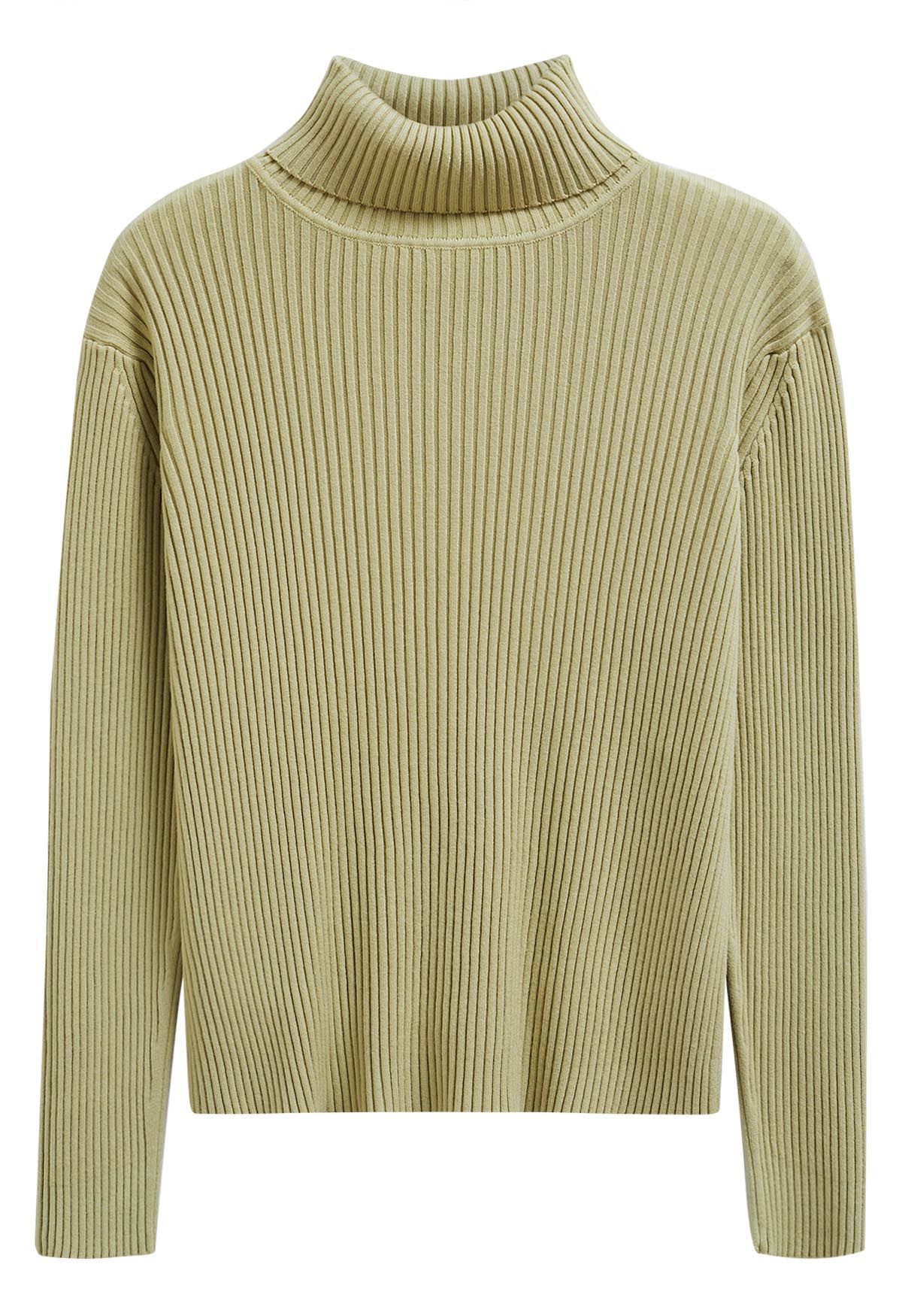 Versatile Turtleneck Ribbed Knit Sweater in Pistachio