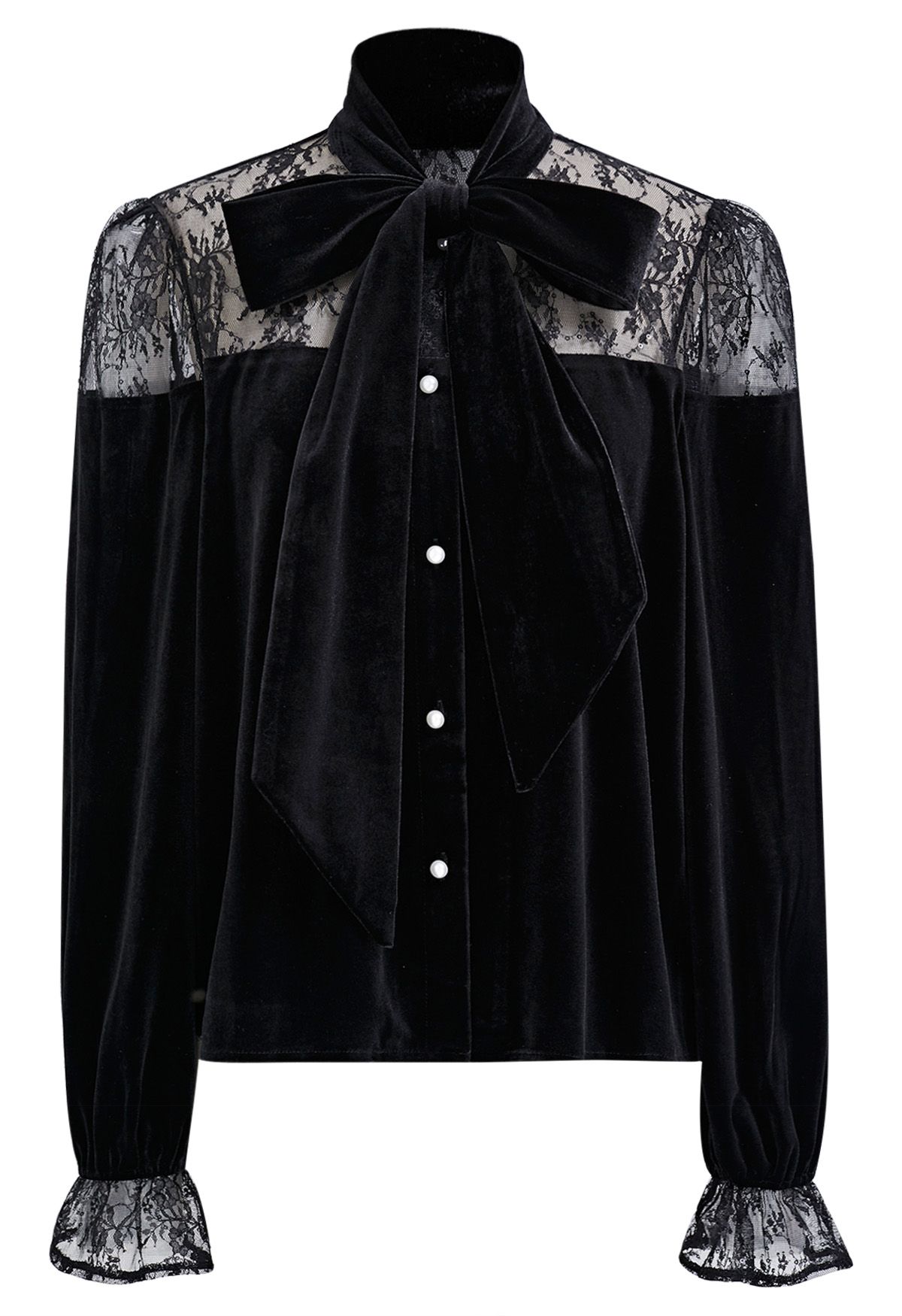 Floral Lace Spliced Bowknot Velvet Shirt in Black