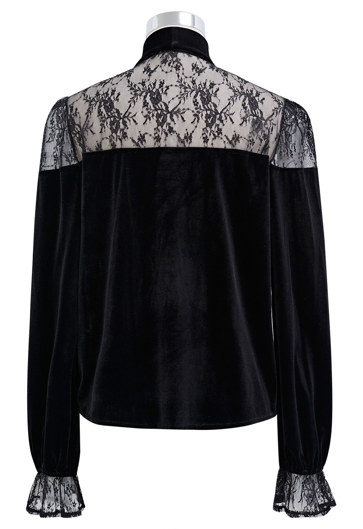 Floral Lace Spliced Bowknot Velvet Shirt in Black