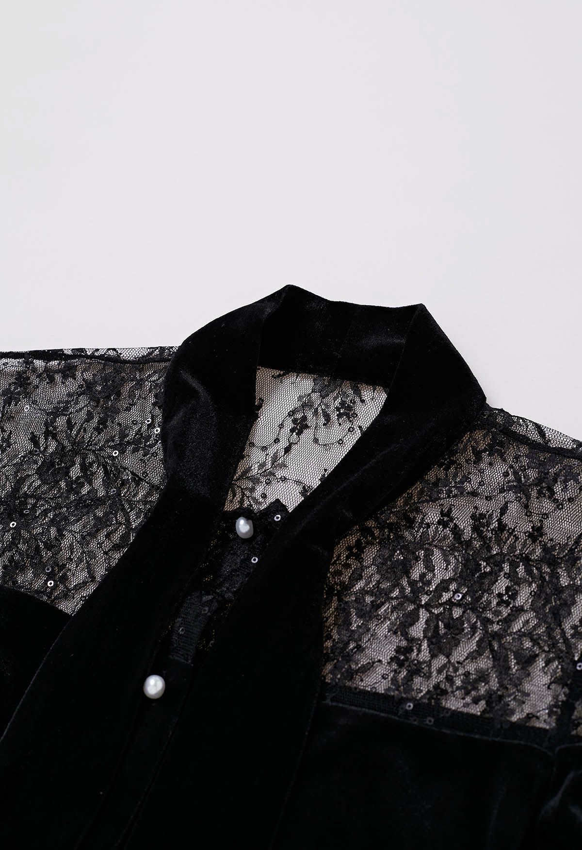 Floral Lace Spliced Bowknot Velvet Shirt in Black