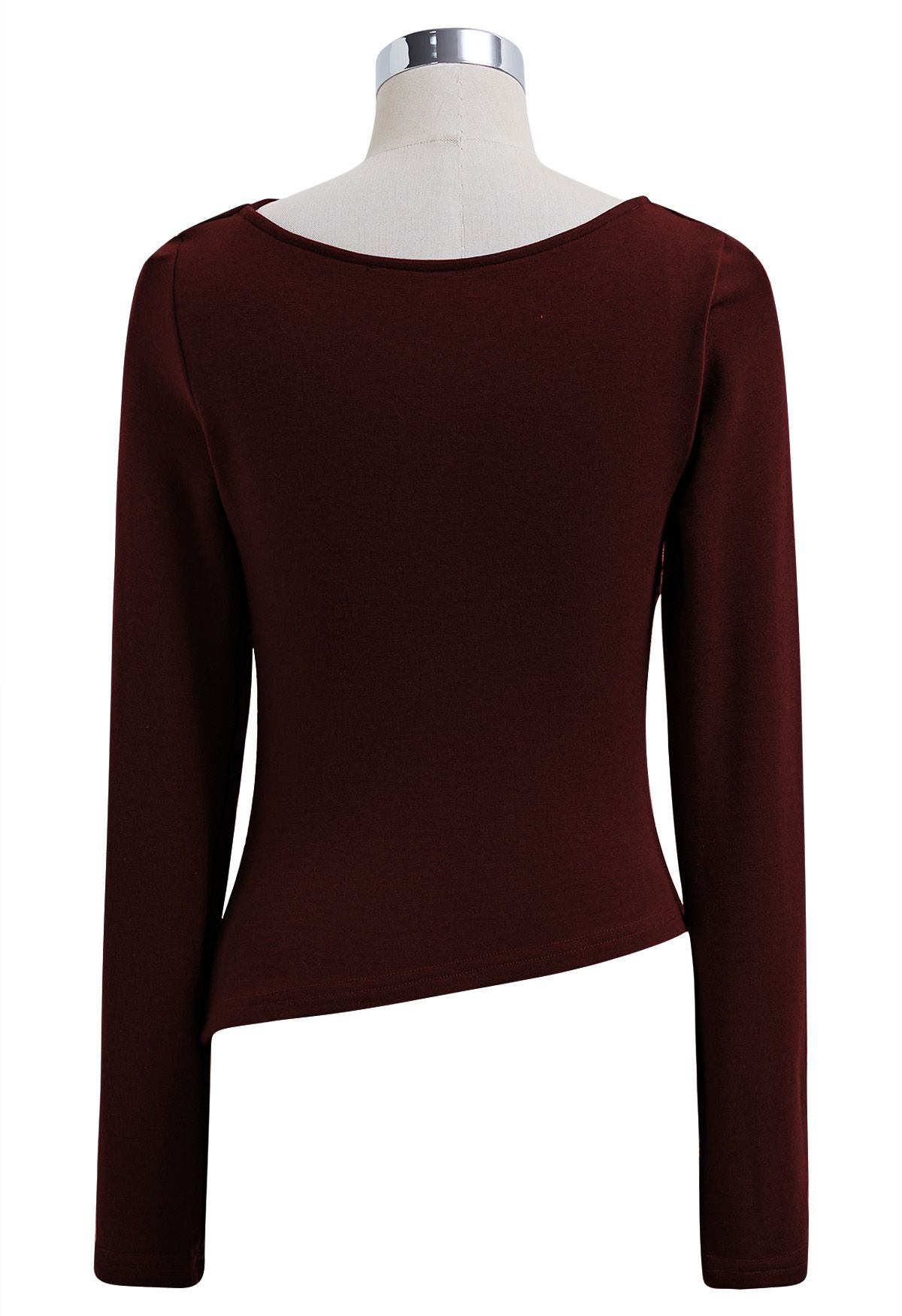 Asymmetric Neck Ruched Long Sleeve Top in Burgundy - Retro, Indie