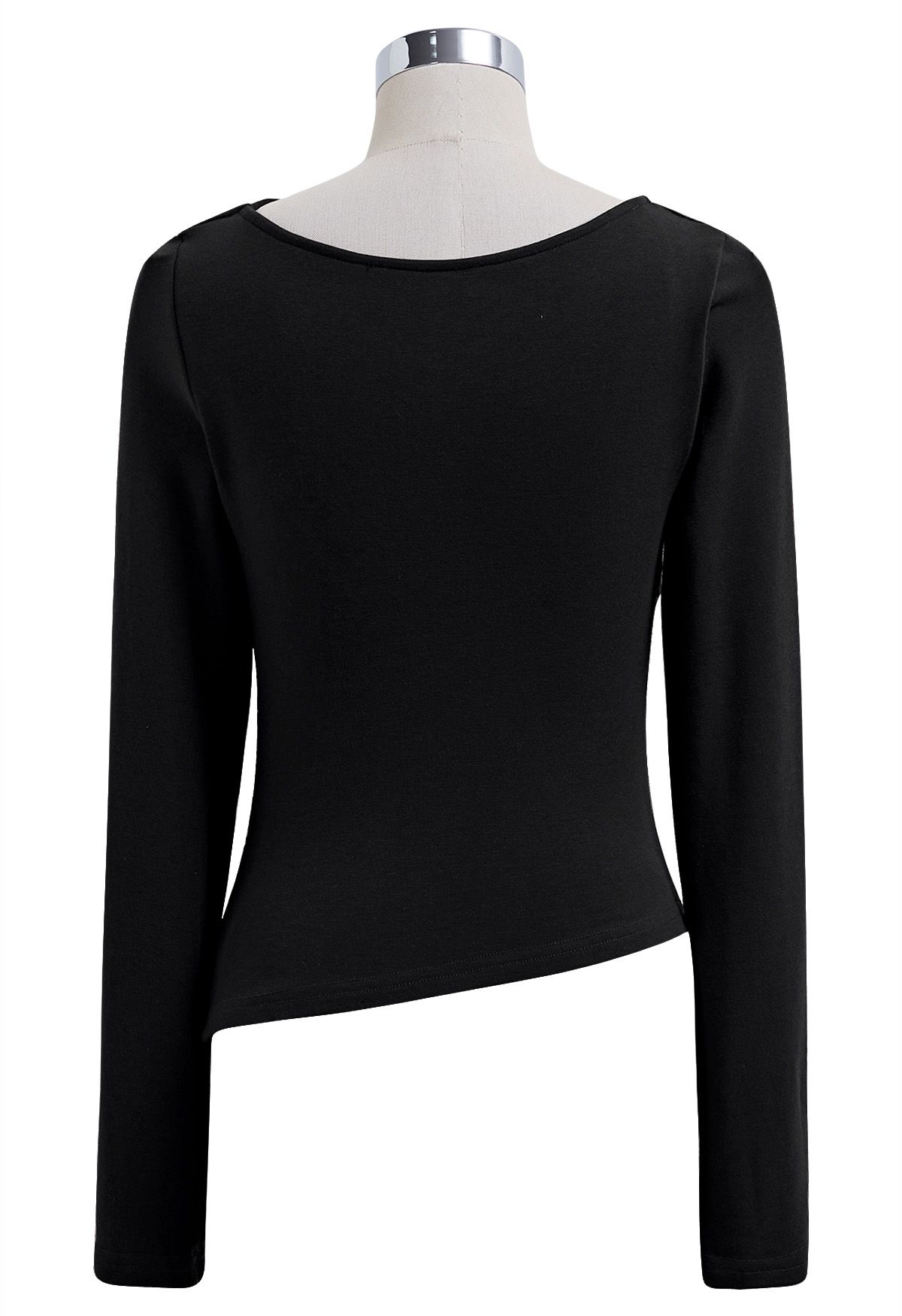 Asymmetric Neck Ruched Long Sleeve Top in Black - Retro, Indie and