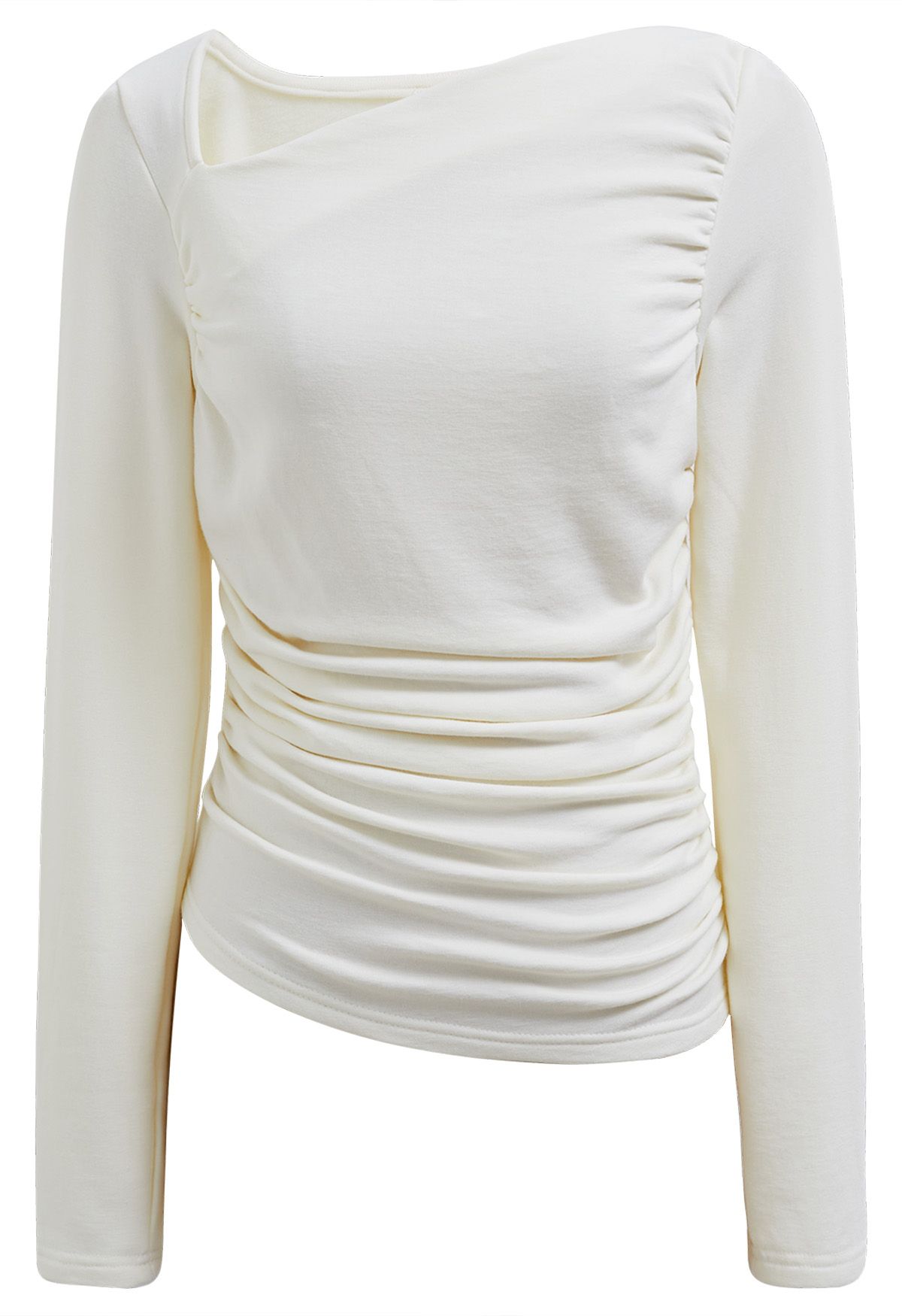 Asymmetric Neck Ruched Long Sleeve Top in White - Retro, Indie and ...
