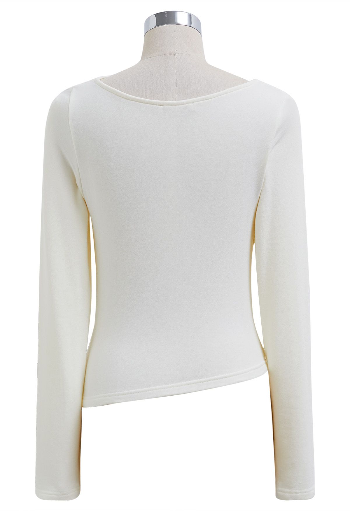 Asymmetric Neck Ruched Long Sleeve Top in White