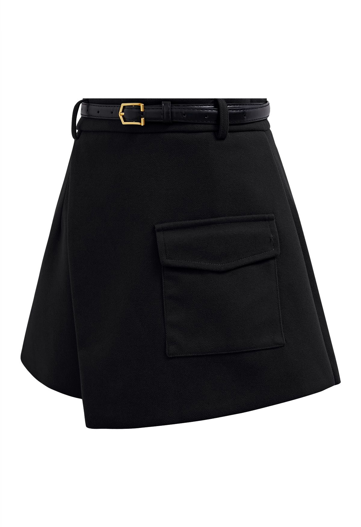 Flap Pocket Wool-Blend Belted Mini Skorts in Black