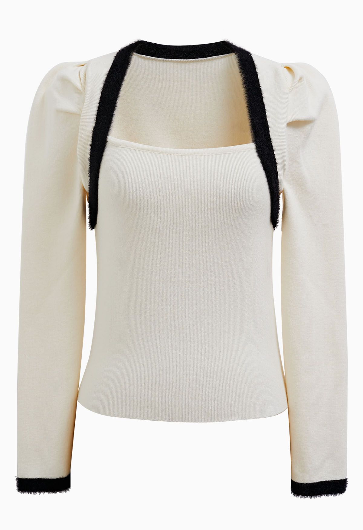 Gigot Sleeve Square Neck Knit Top in Cream