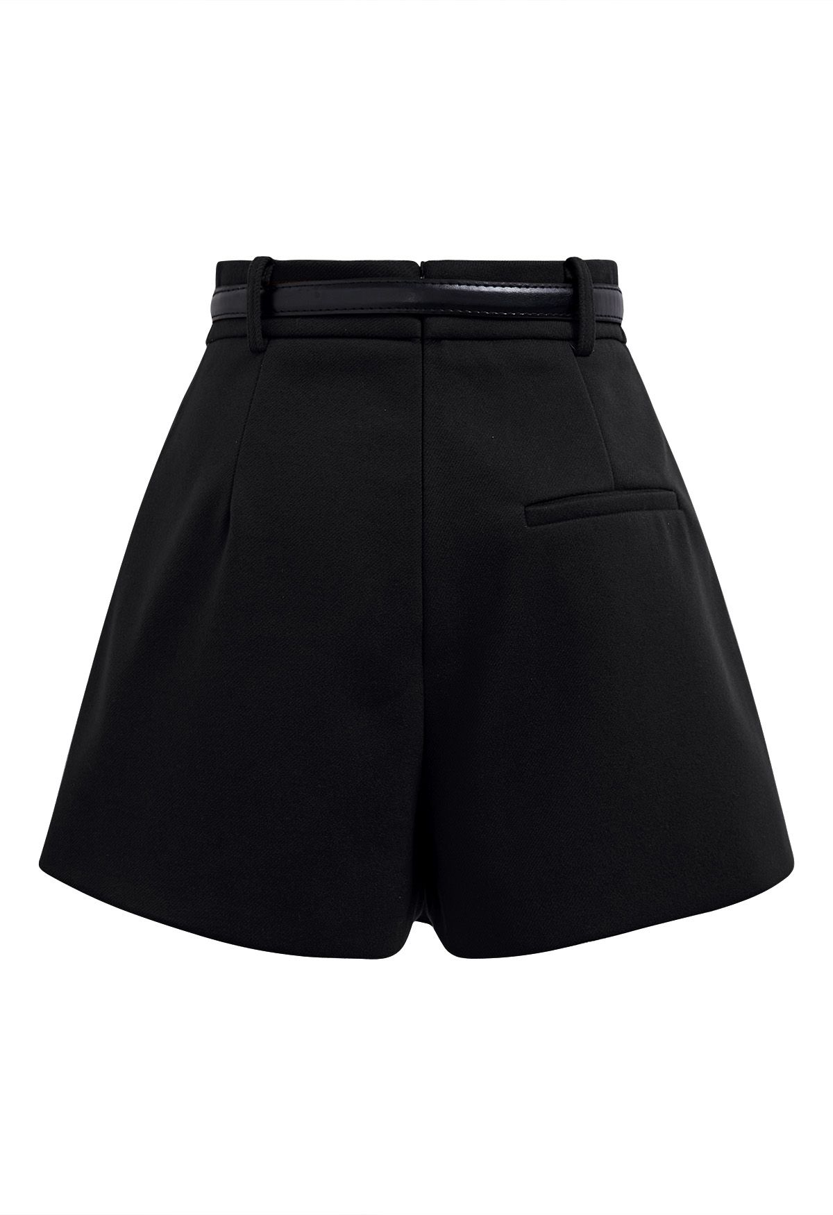 Flap Pocket Wool-Blend Belted Mini Skorts in Black