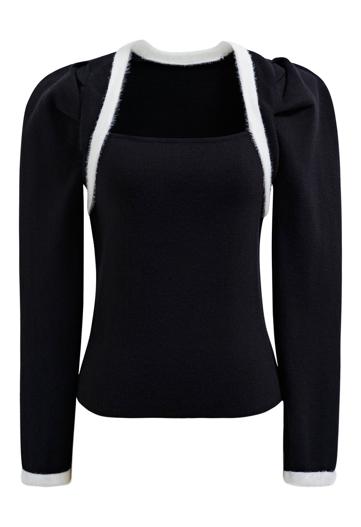 Gigot Sleeve Square Neck Knit Top in Black