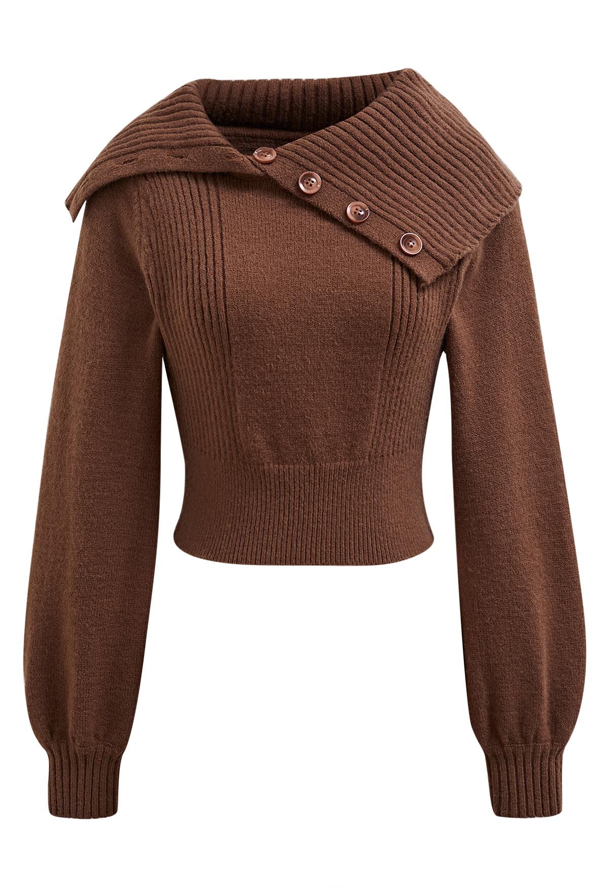 Flap Buttoned Collar Knit Crop Top in Brown