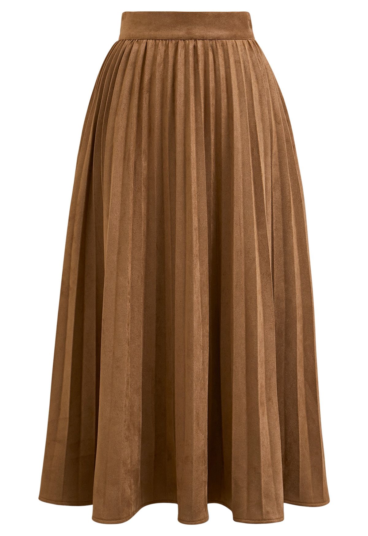 Smooth Faux Suede Pleated Midi Skirt in Camel