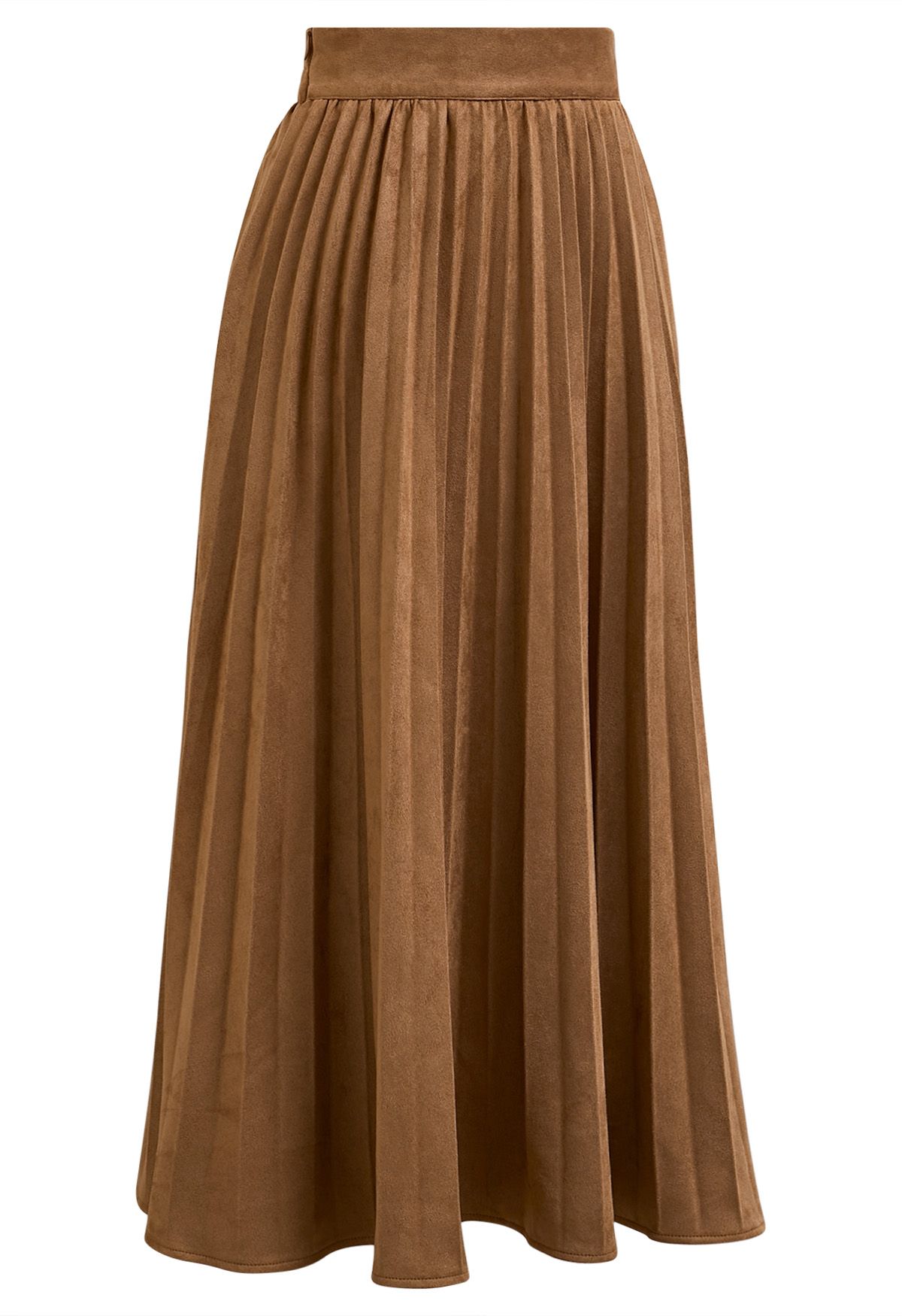 Smooth Faux Suede Pleated Midi Skirt in Camel