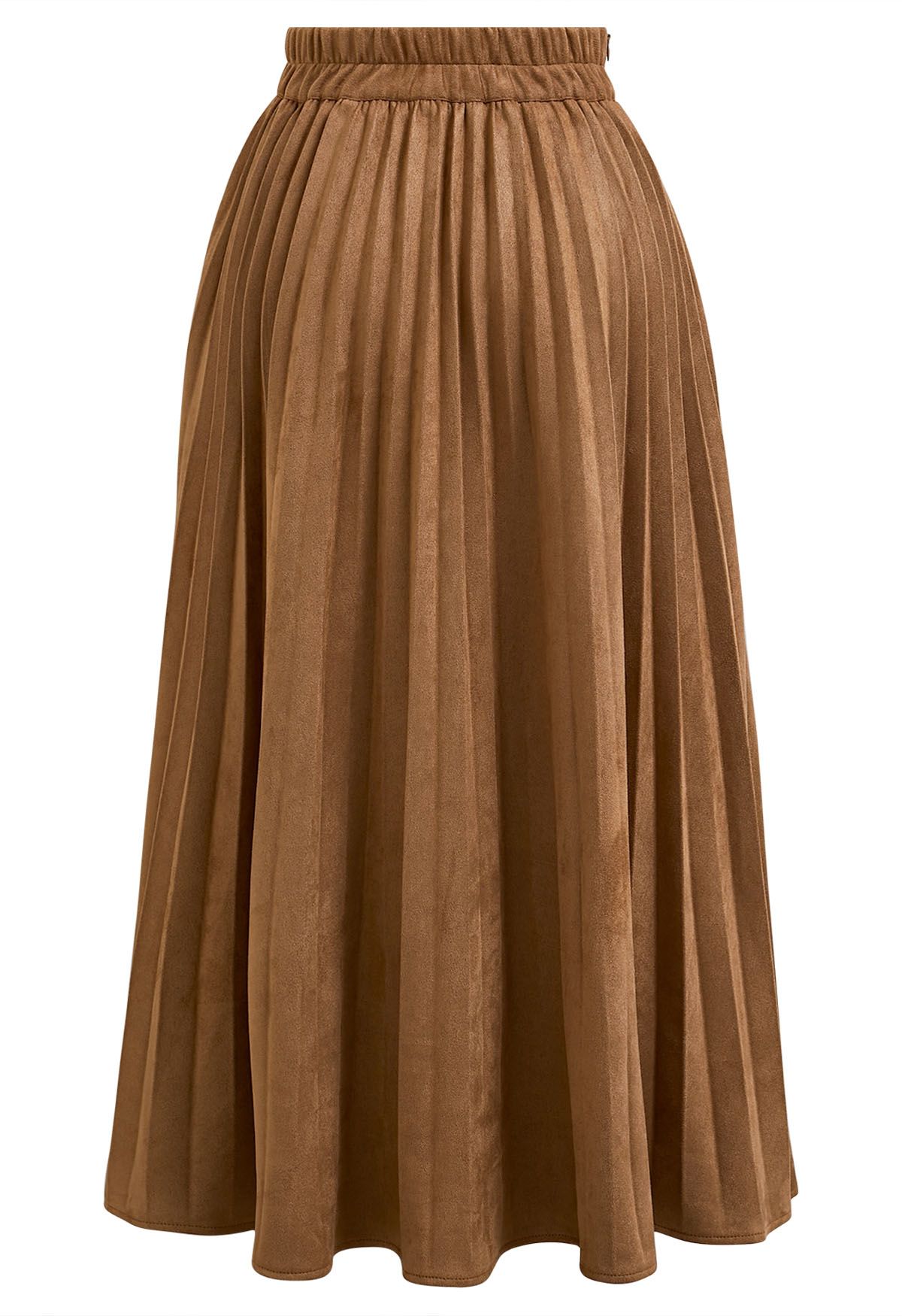 Smooth Faux Suede Pleated Midi Skirt in Camel