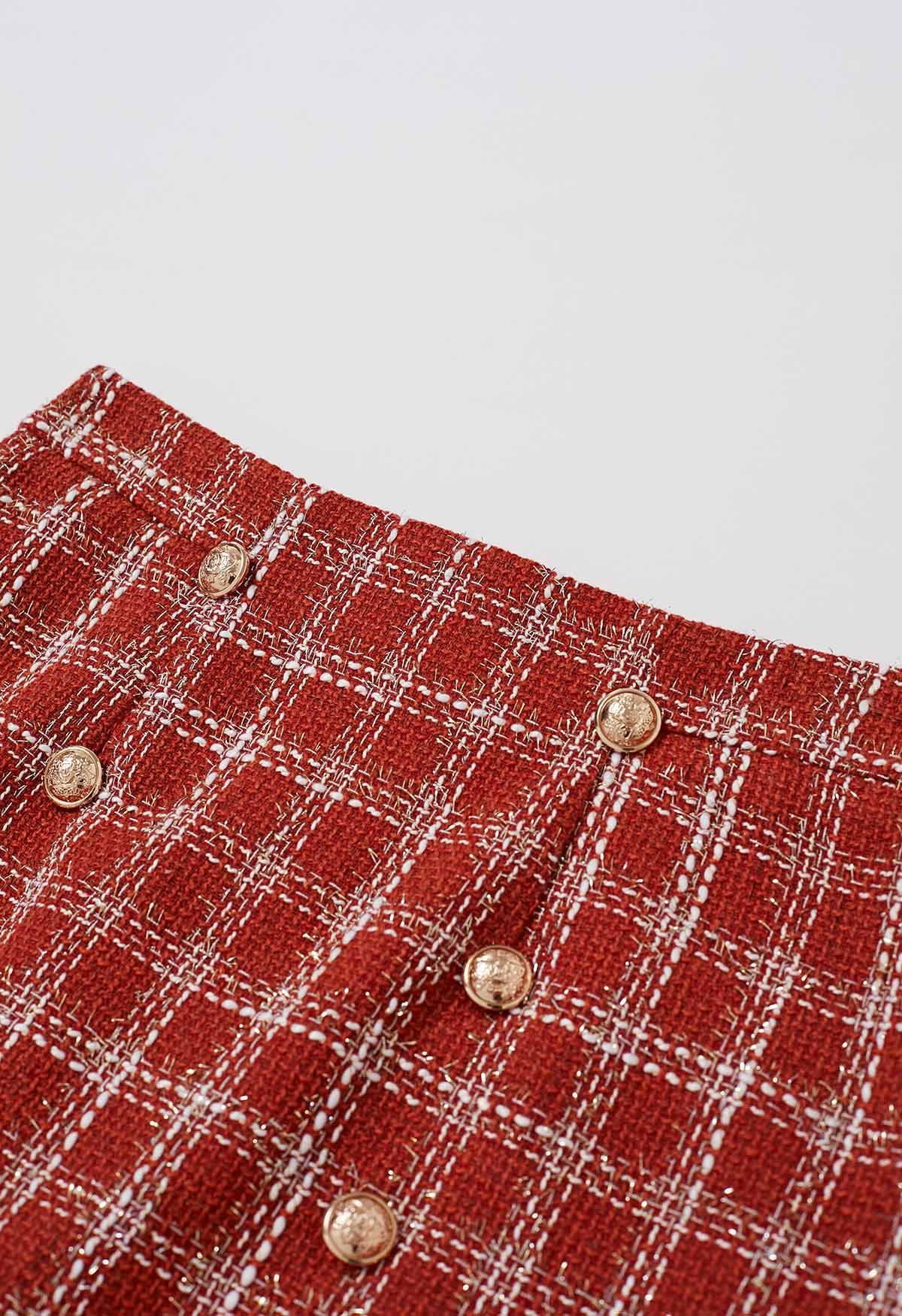 Golden Buttons Red Check Tweed Mini Skirt