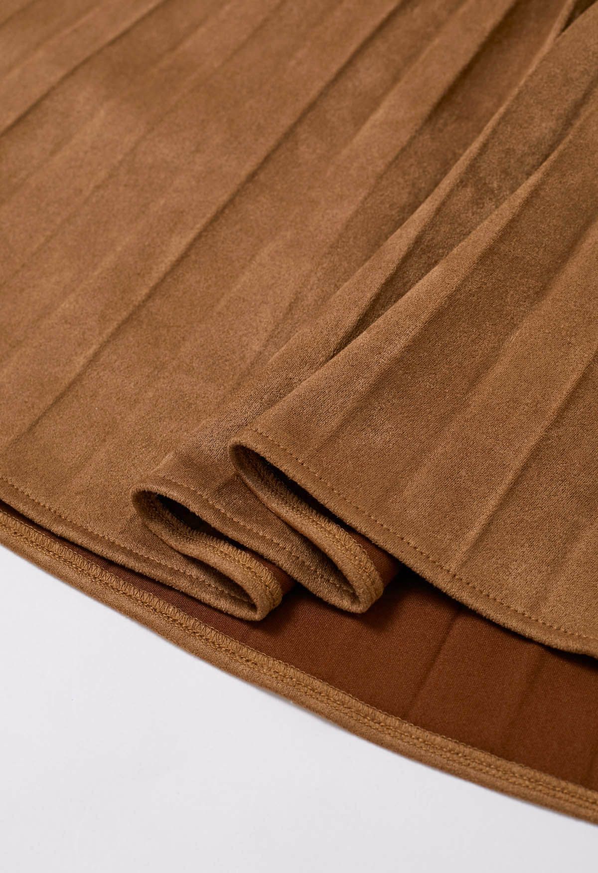 Smooth Faux Suede Pleated Midi Skirt in Camel