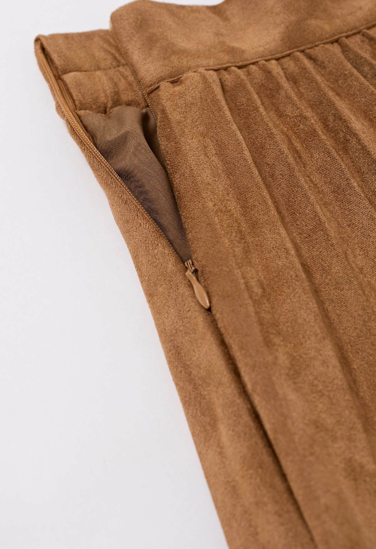 Smooth Faux Suede Pleated Midi Skirt in Camel