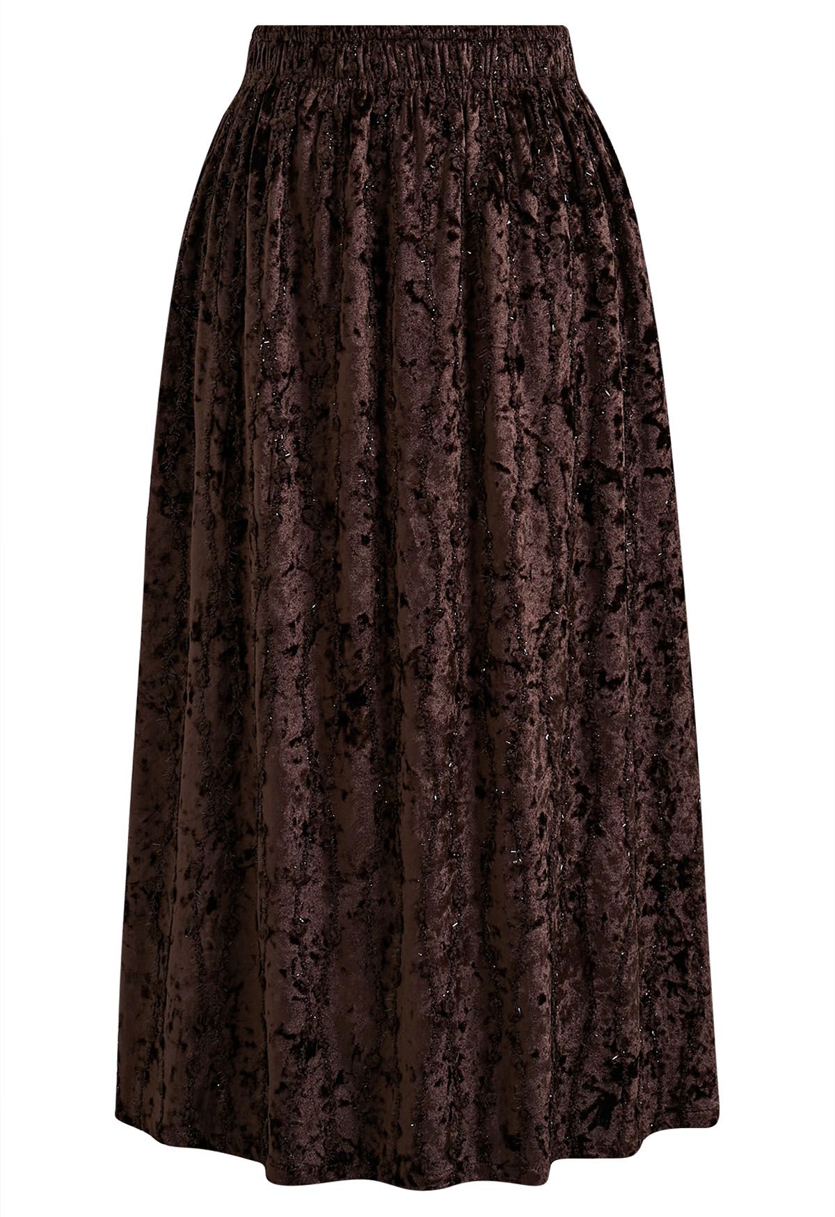 3D Floret Shimmer Fringe Velvet Midi Skirt in Brown