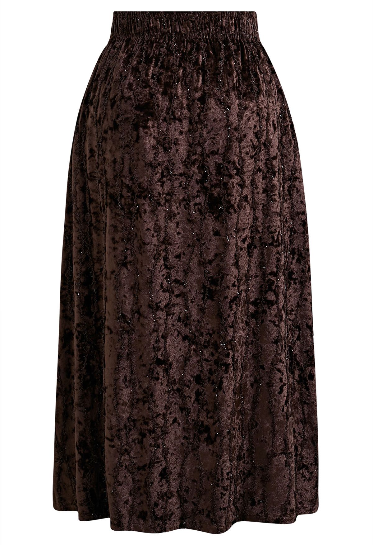 3D Floret Shimmer Fringe Velvet Midi Skirt in Brown