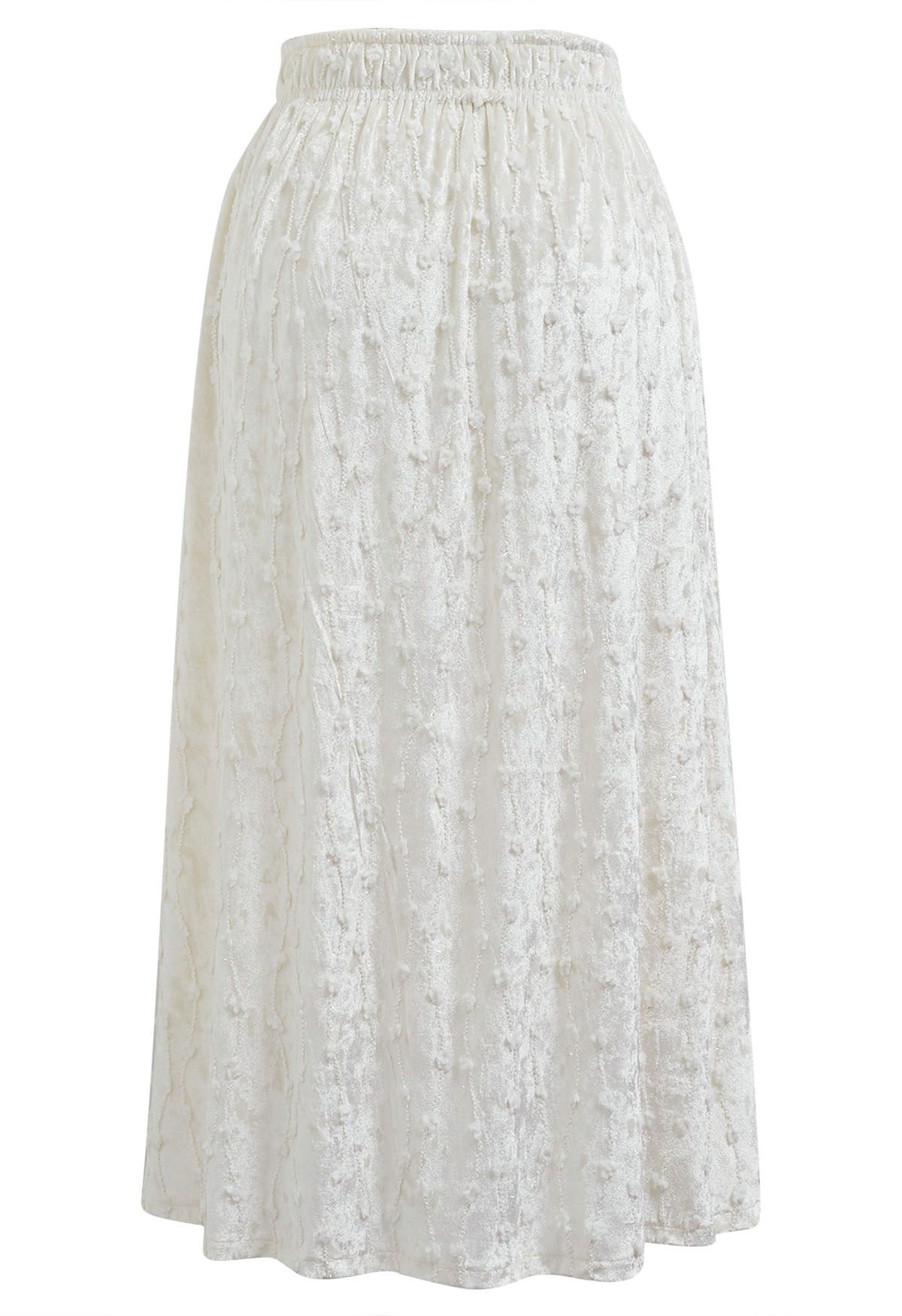 3D Floret Shimmer Fringe Velvet Midi Skirt in White Retro Indie