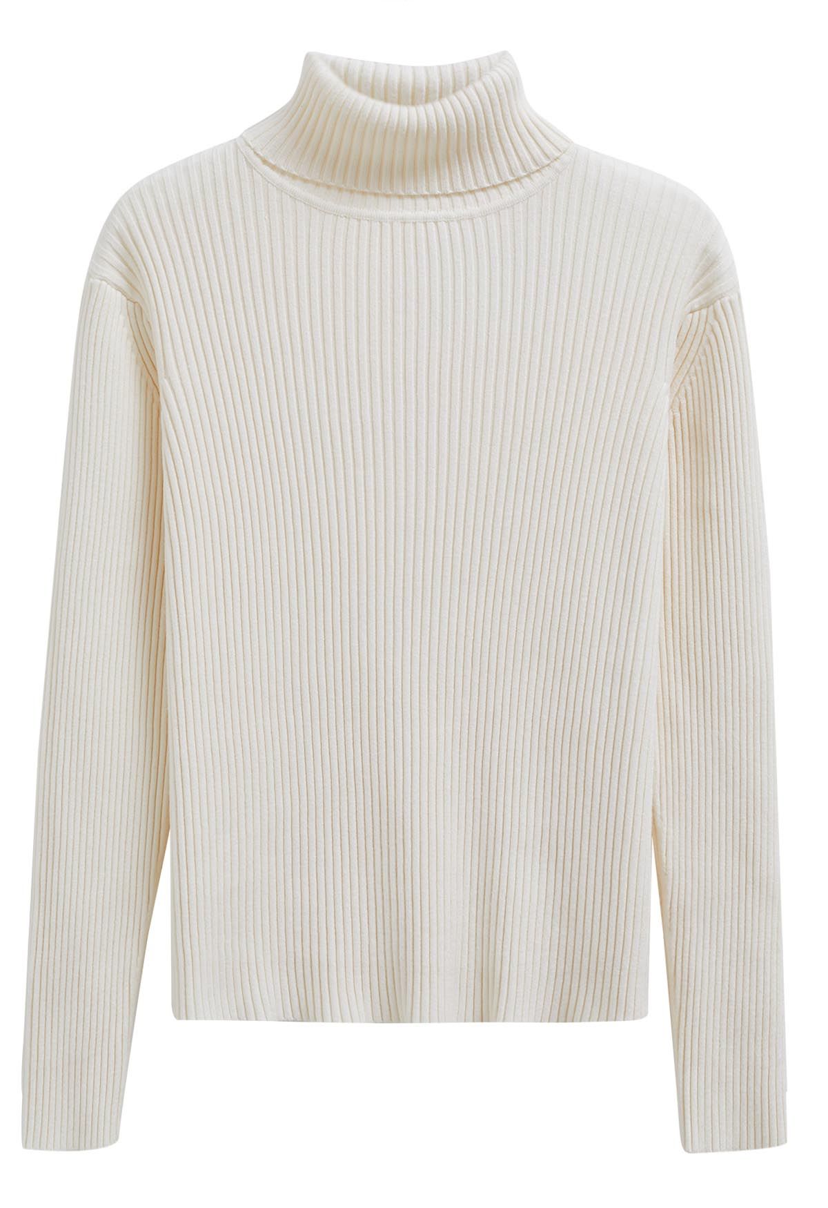 Versatile Turtleneck Ribbed Knit Sweater in Ivory