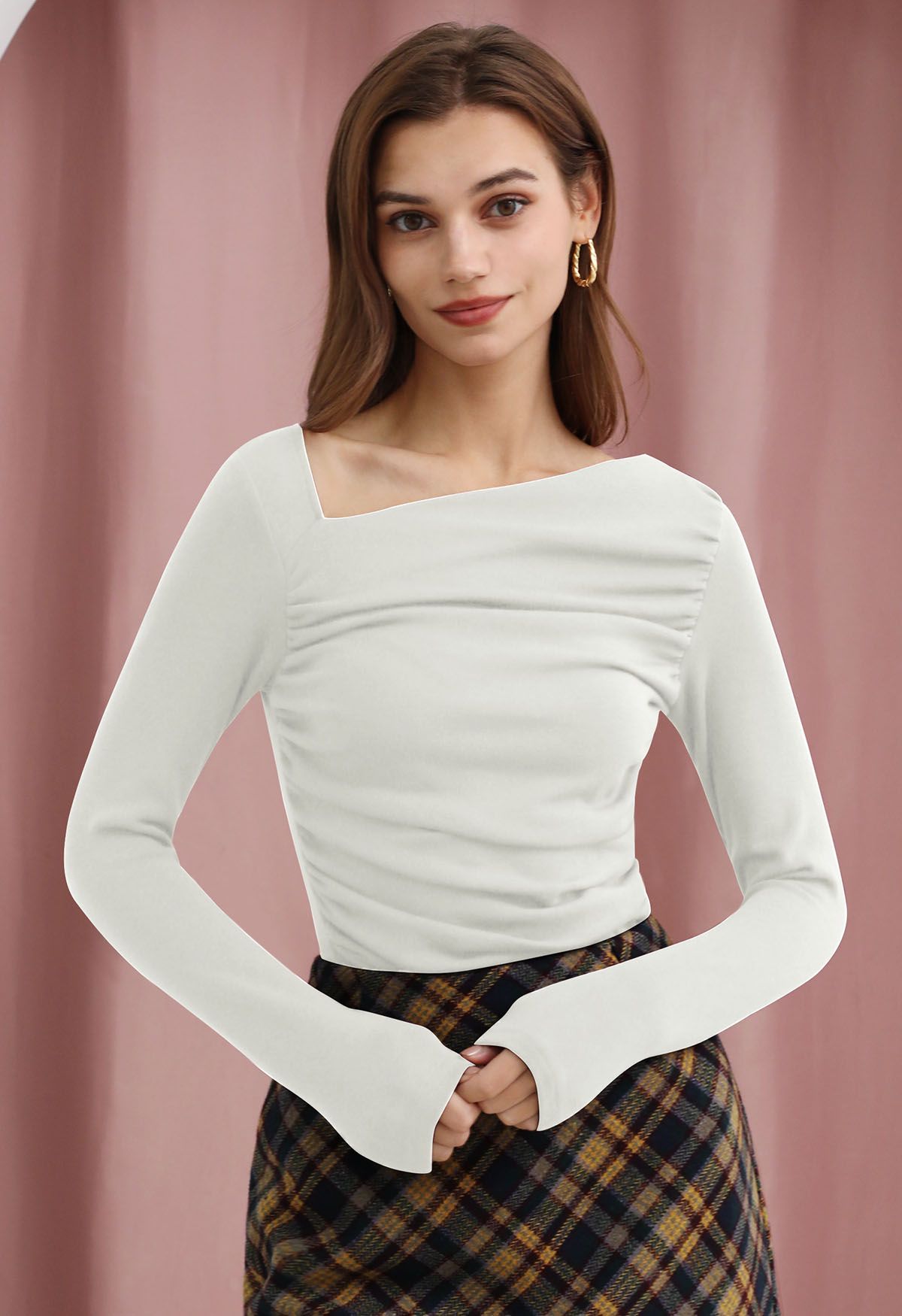 Asymmetric Neck Ruched Long Sleeve Top in White