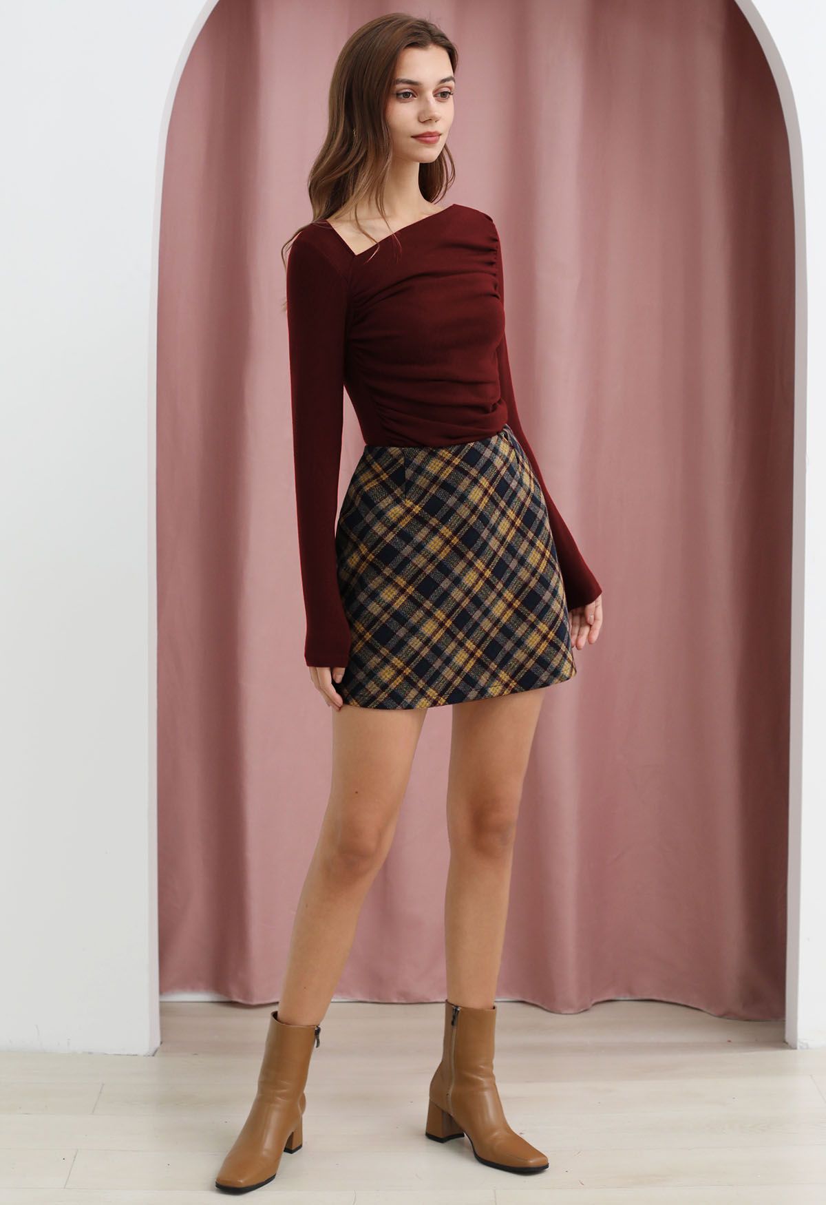 Asymmetric Neck Ruched Long Sleeve Top in Burgundy