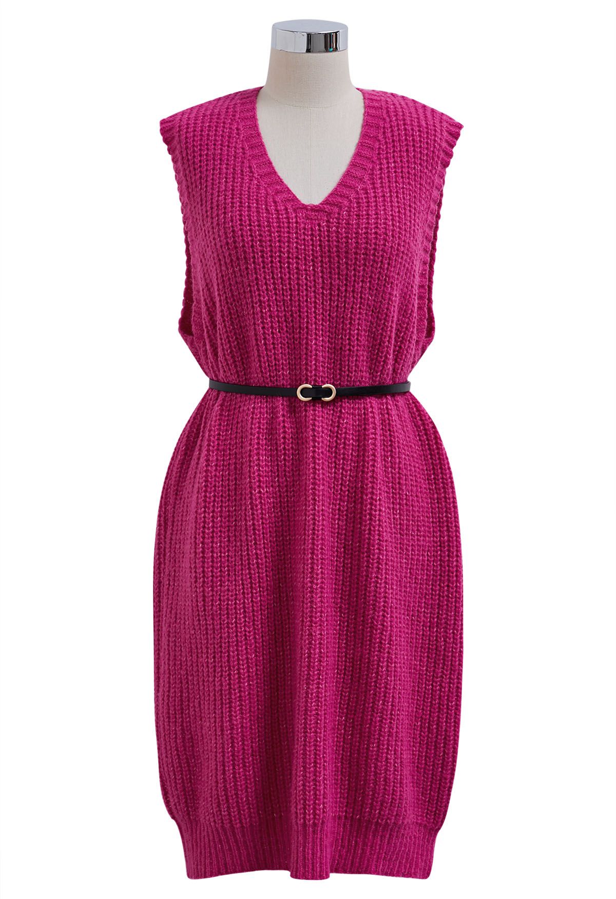 Effortless V-Neck Sleeveless Knit Dress and Longline Cardigan Set in Hot Pink