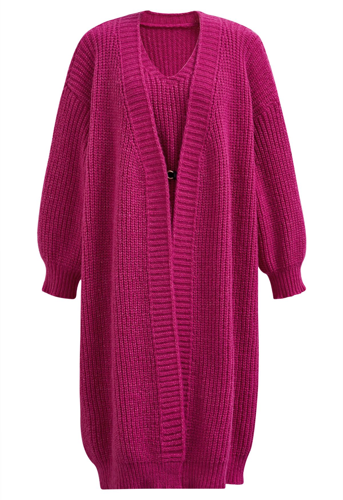 Effortless V-Neck Sleeveless Knit Dress and Longline Cardigan Set in Hot Pink