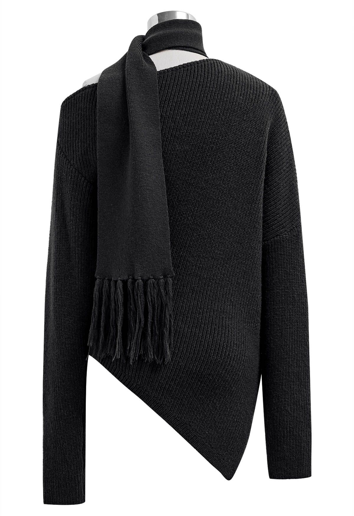 Asymmetric Ribbed Knit Sweater with Tassel Scarf in Black