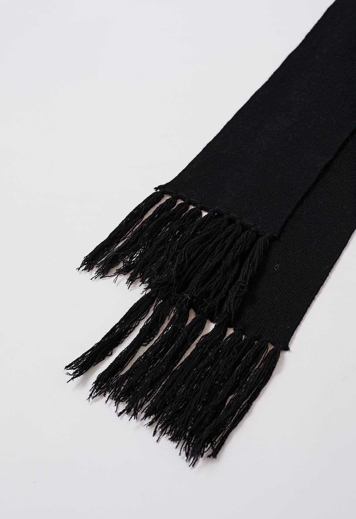 Asymmetric Ribbed Knit Sweater with Tassel Scarf in Black