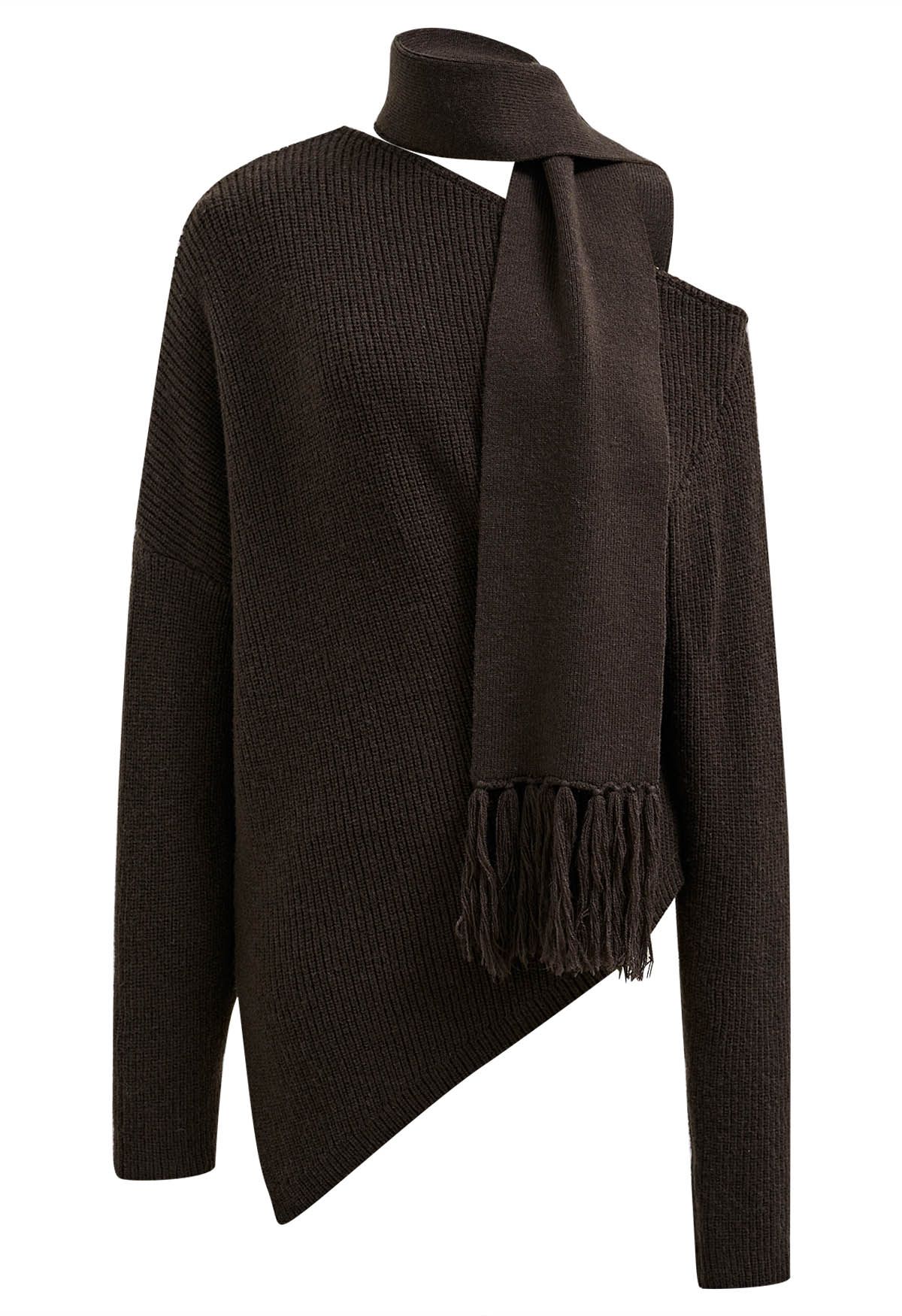 Asymmetric Ribbed Knit Sweater with Tassel Scarf in Brown