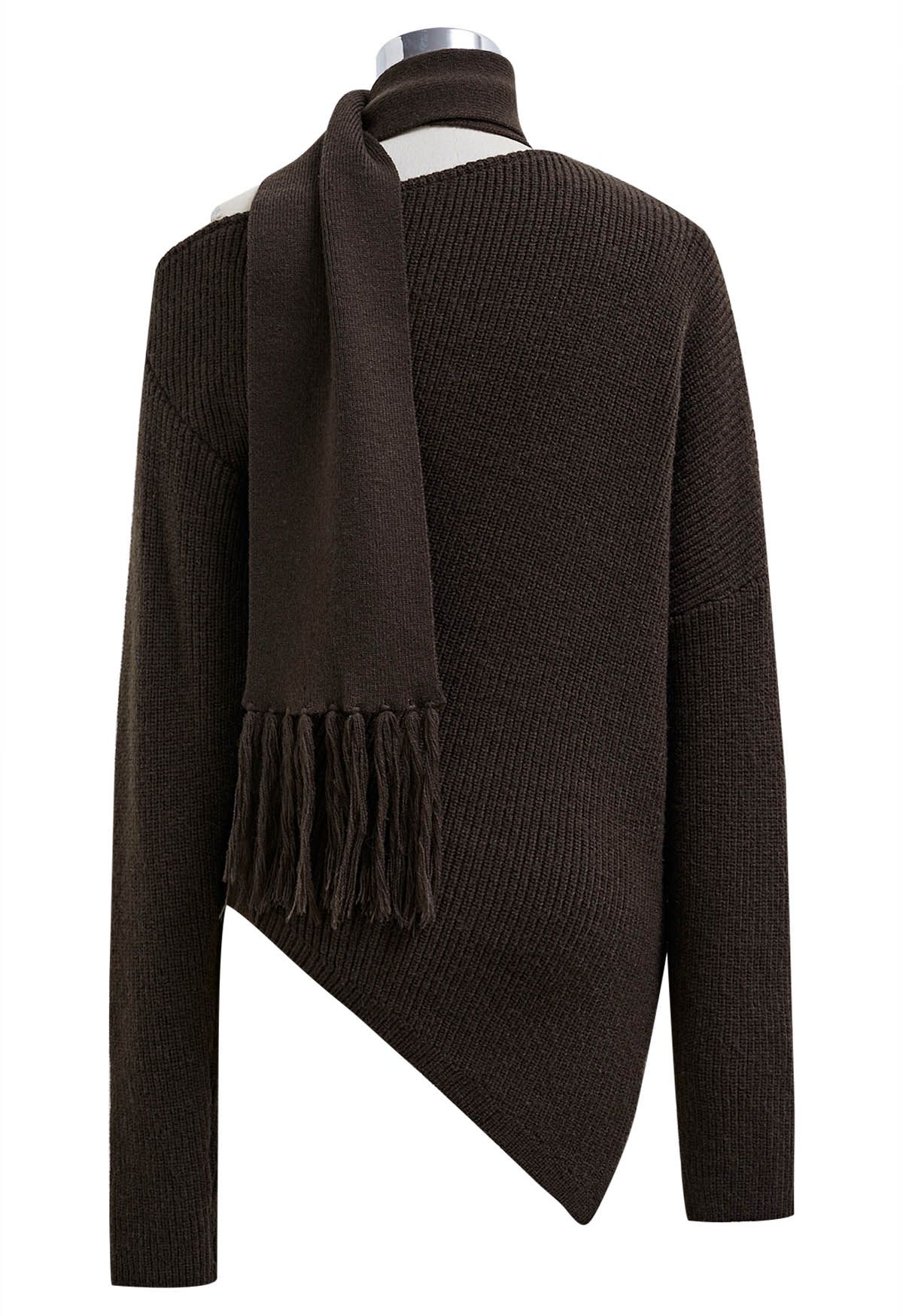 Asymmetric Ribbed Knit Sweater with Tassel Scarf in Brown