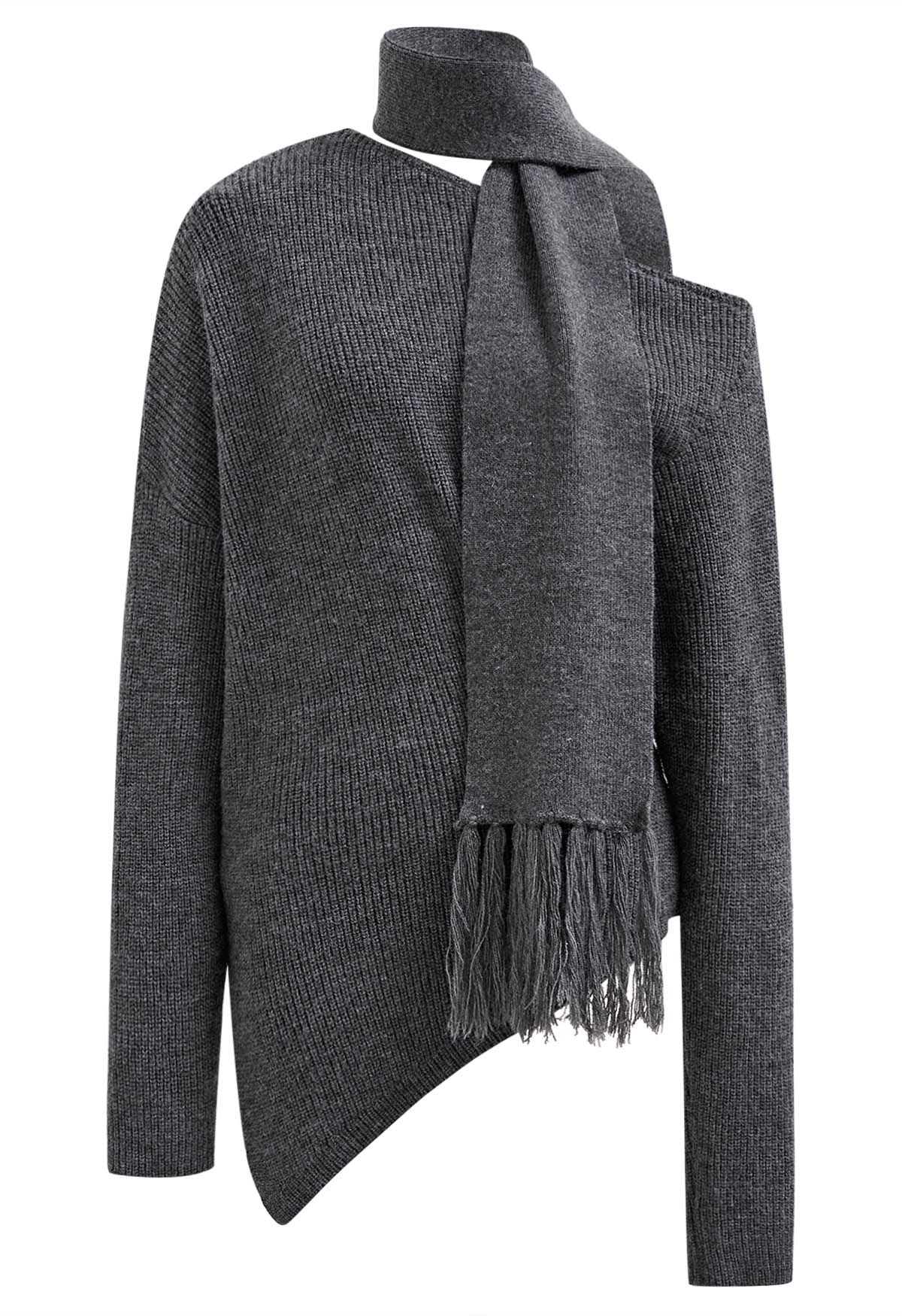 Asymmetric Ribbed Knit Sweater with Tassel Scarf in Smoke