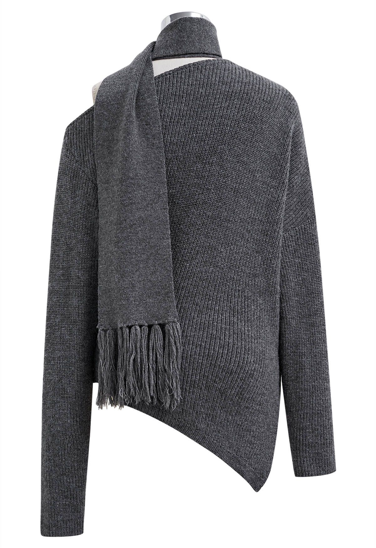 Asymmetric Ribbed Knit Sweater with Tassel Scarf in Smoke