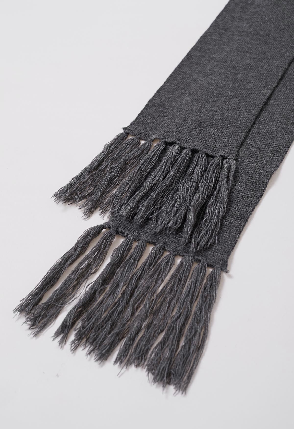 Asymmetric Ribbed Knit Sweater with Tassel Scarf in Smoke