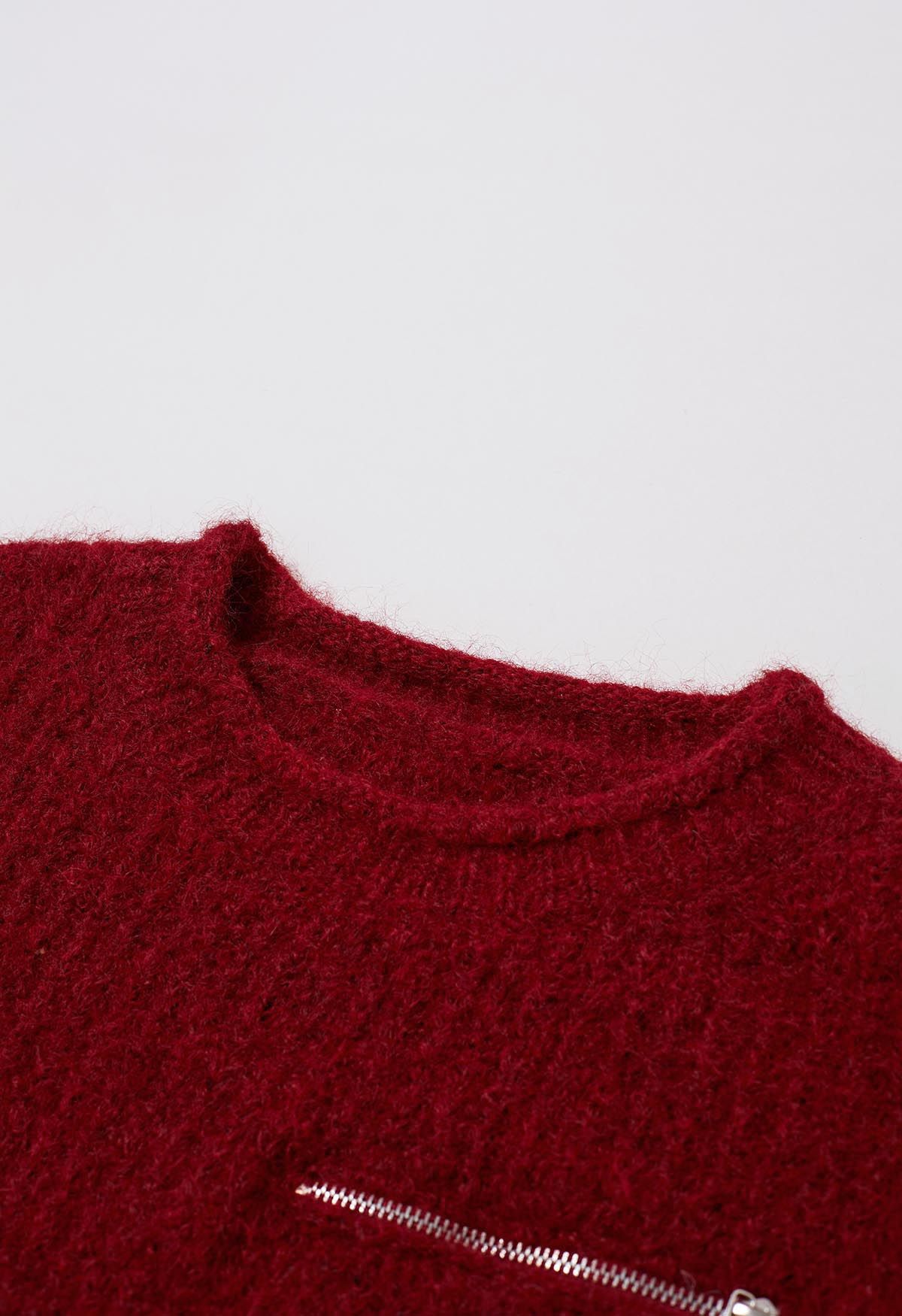 Zipper Decorated Fuzzy Knit Sweater in Red