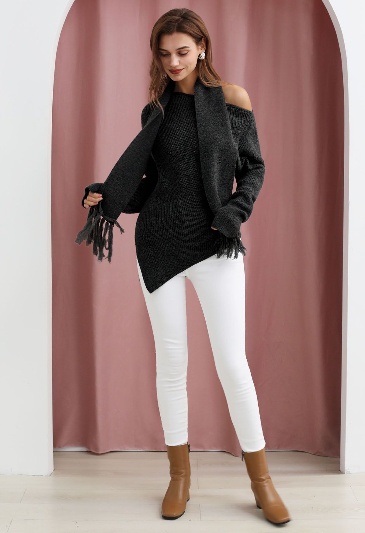 Asymmetric Ribbed Knit Sweater with Tassel Scarf in Black