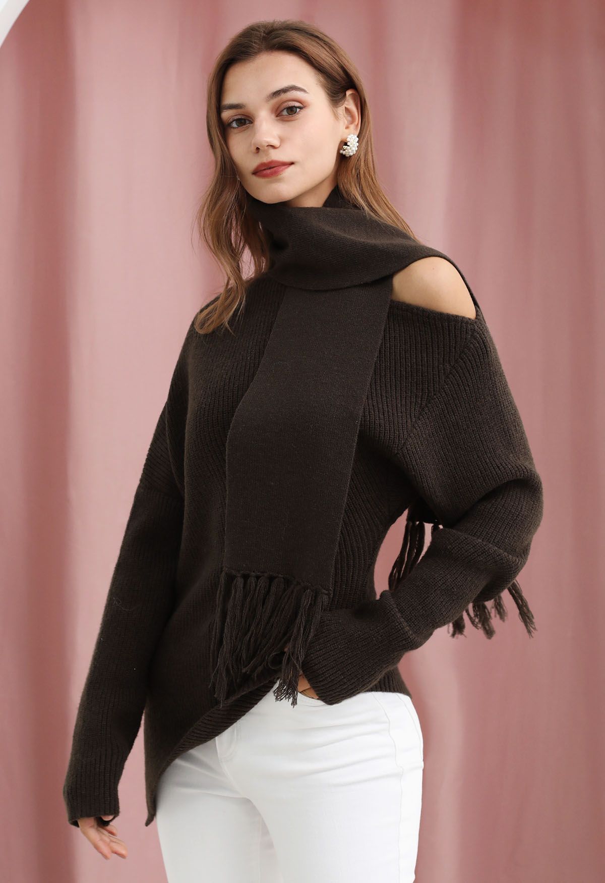 Asymmetric Ribbed Knit Sweater with Tassel Scarf in Brown