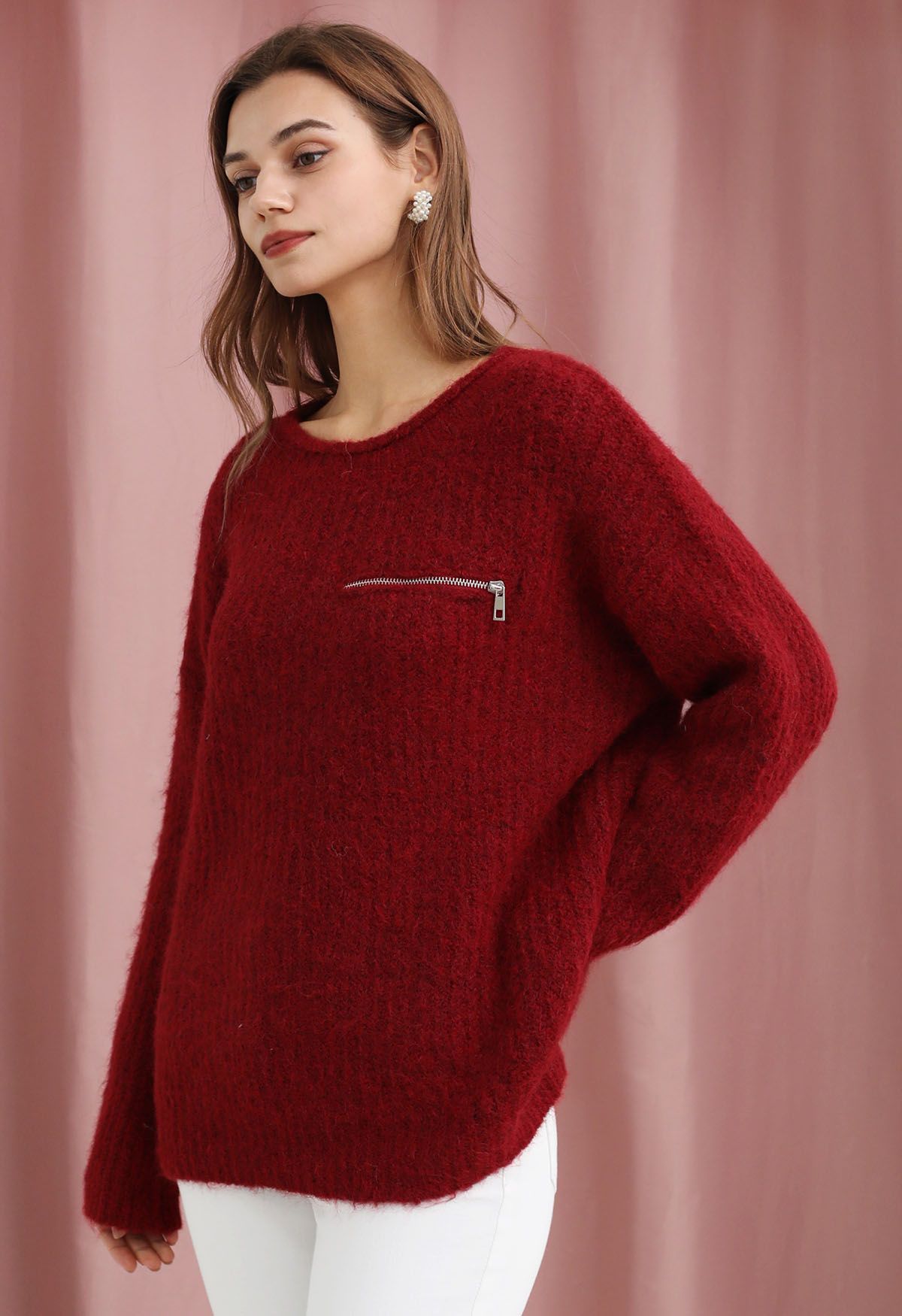 Zipper Decorated Fuzzy Knit Sweater in Red