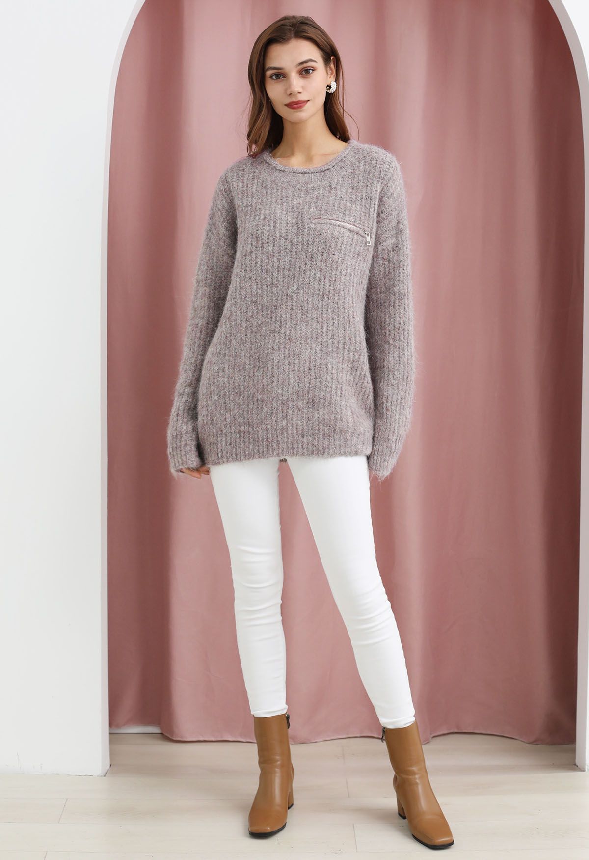 Zipper Decorated Fuzzy Knit Sweater in Oatmeal