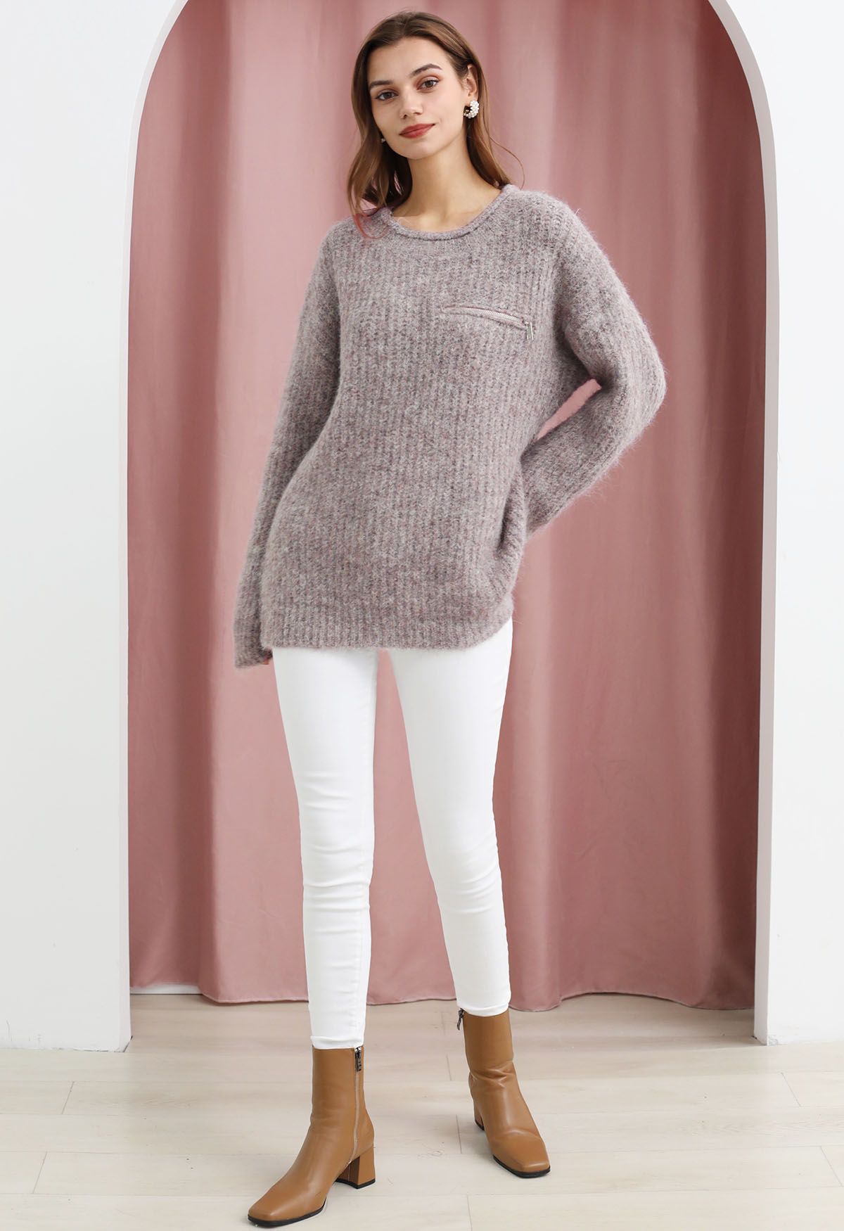 Zipper Decorated Fuzzy Knit Sweater in Oatmeal