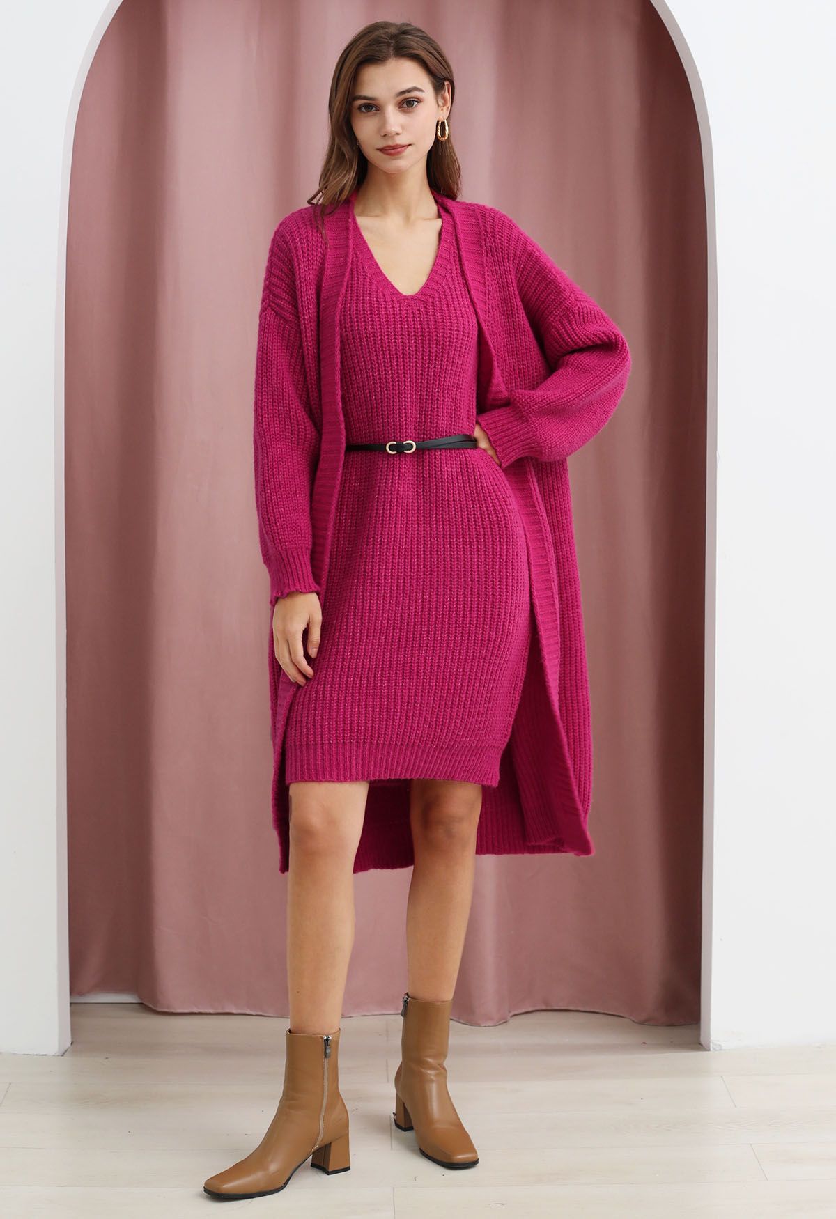 Effortless V-Neck Sleeveless Knit Dress and Longline Cardigan Set in Hot Pink