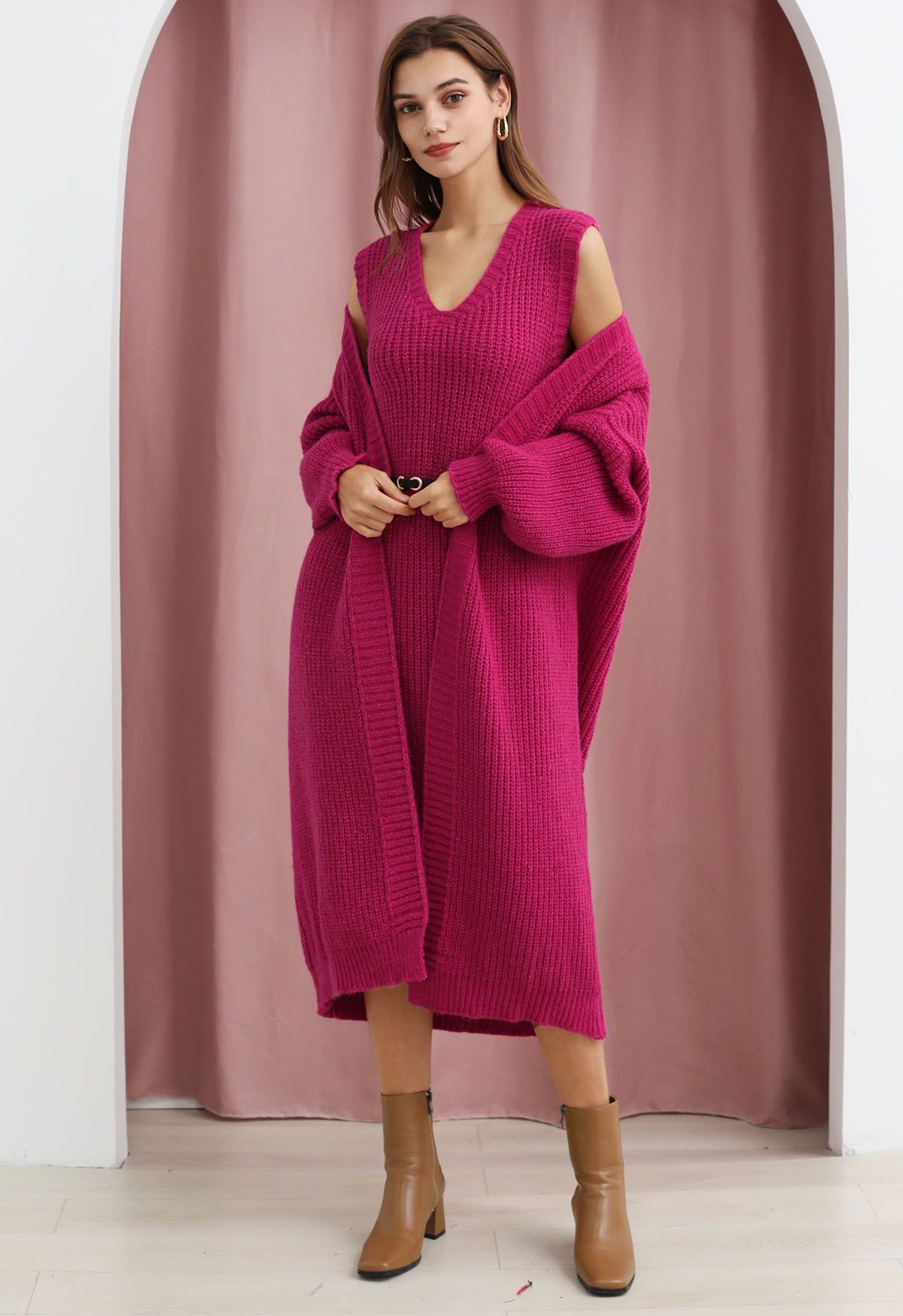 Effortless V-Neck Sleeveless Knit Dress and Longline Cardigan Set in Hot Pink