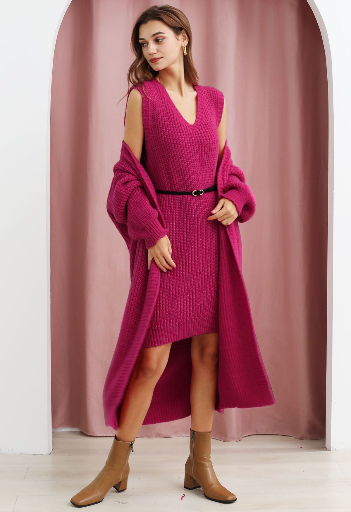 Effortless V-Neck Sleeveless Knit Dress and Longline Cardigan Set in Hot Pink